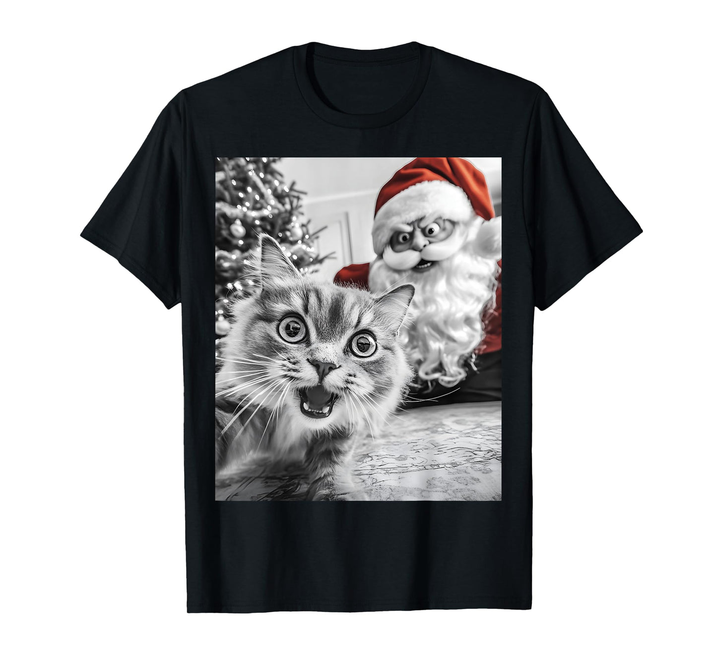 Funny Cat Selfie With Santa Christmas Men Women T-Shirt