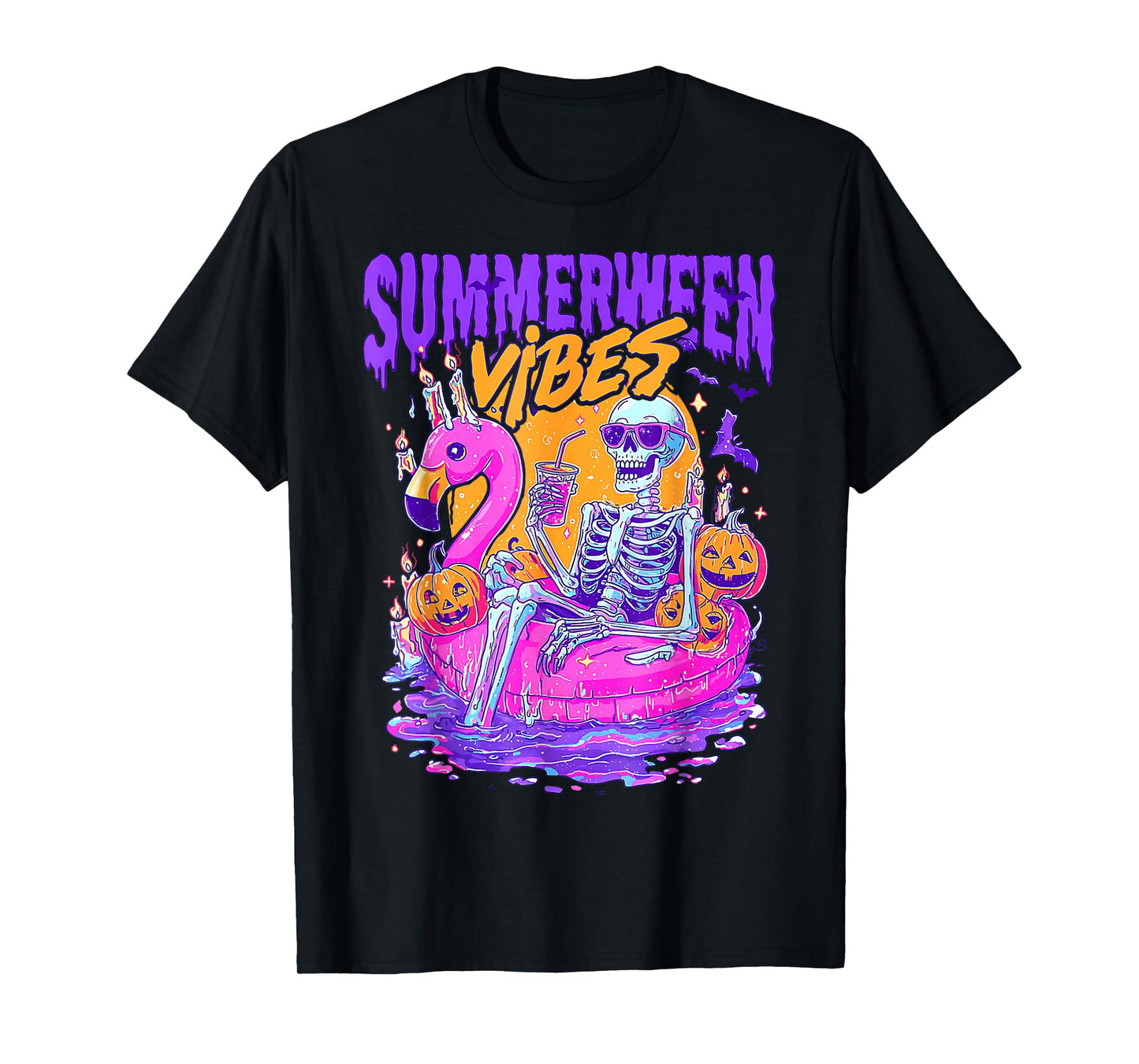 Summerween Vibes Spooky Skeleton Flamingo Pool Halloween T-Shirt