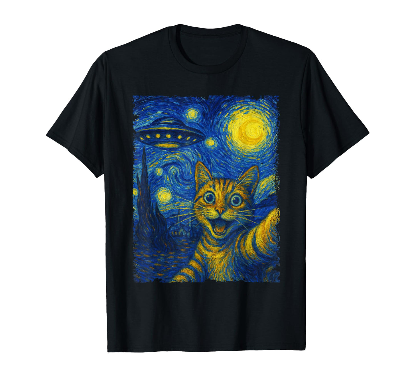 Cat Selfie With Alien UFO Funny Starry Night Van Gogh T-Shirt