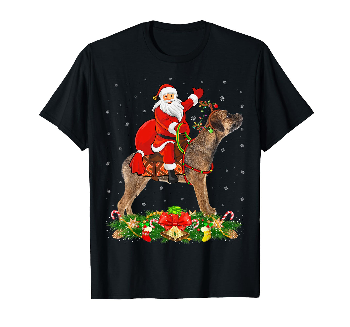 Xmas Matching Funny Santa Riding Border Terrier Christmas T-Shirt