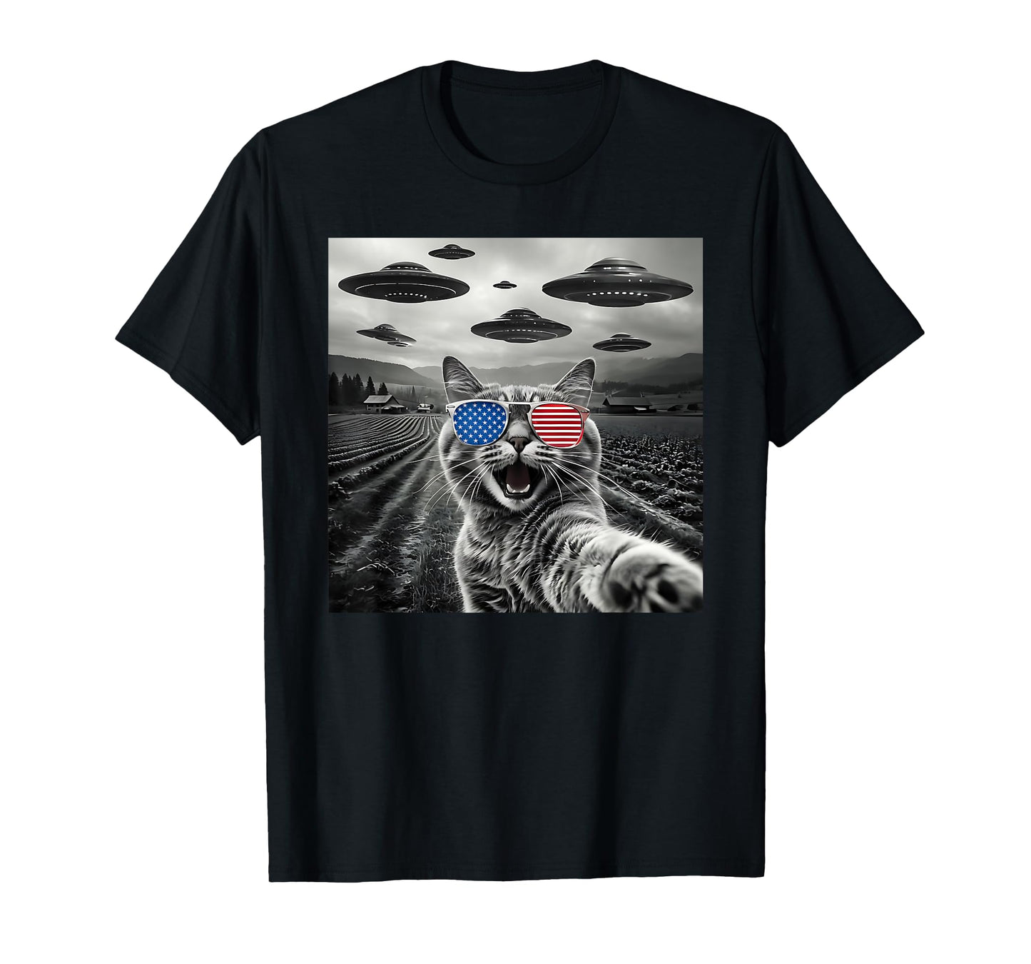 4th Of July Cat Selfie With Alien UFO USA Flag Sunglasses Men Women Kids T-Shirt