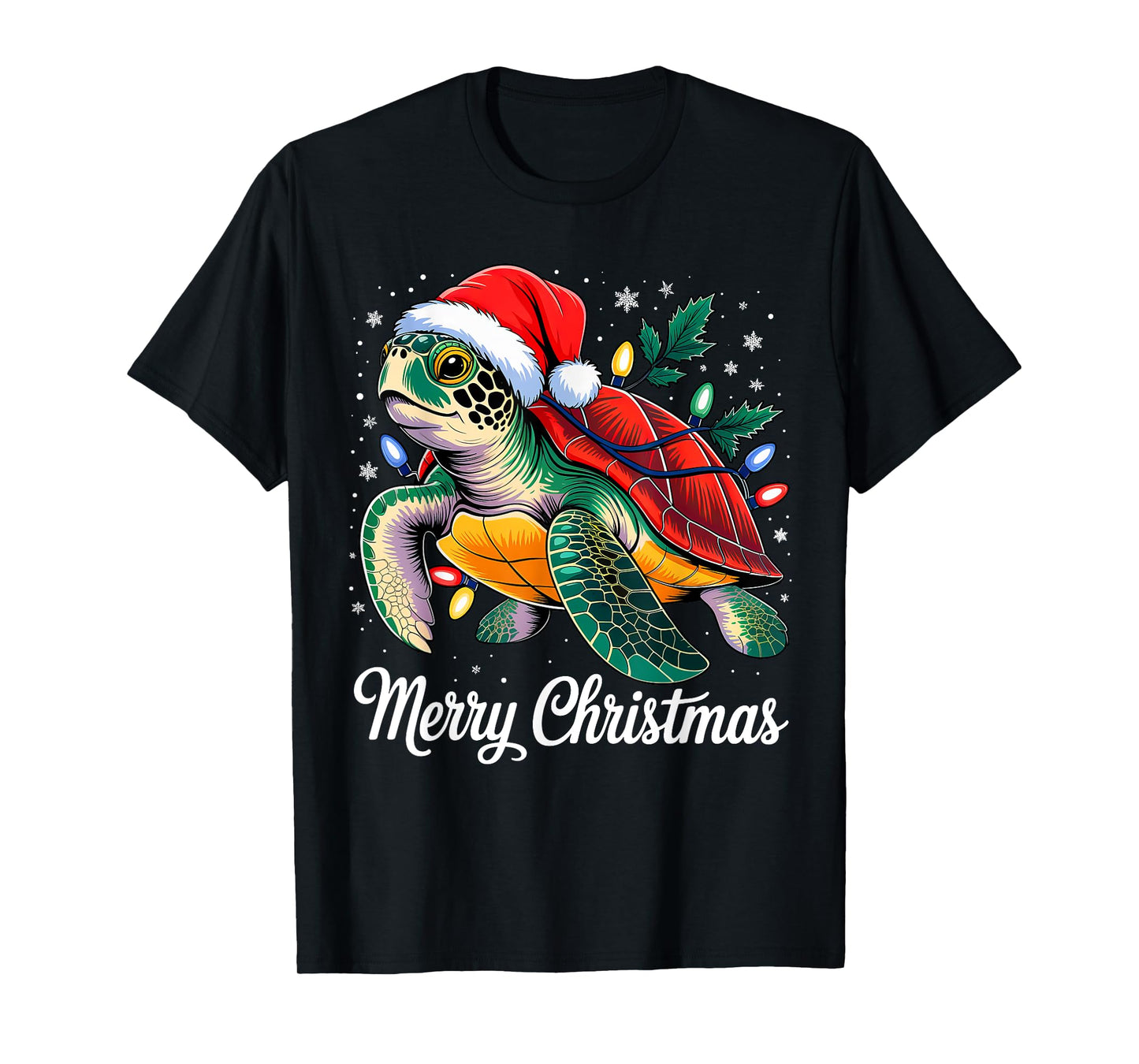 Turtle Santa Hat Merry Christmas Lights Xmas Holiday Costume T-Shirt