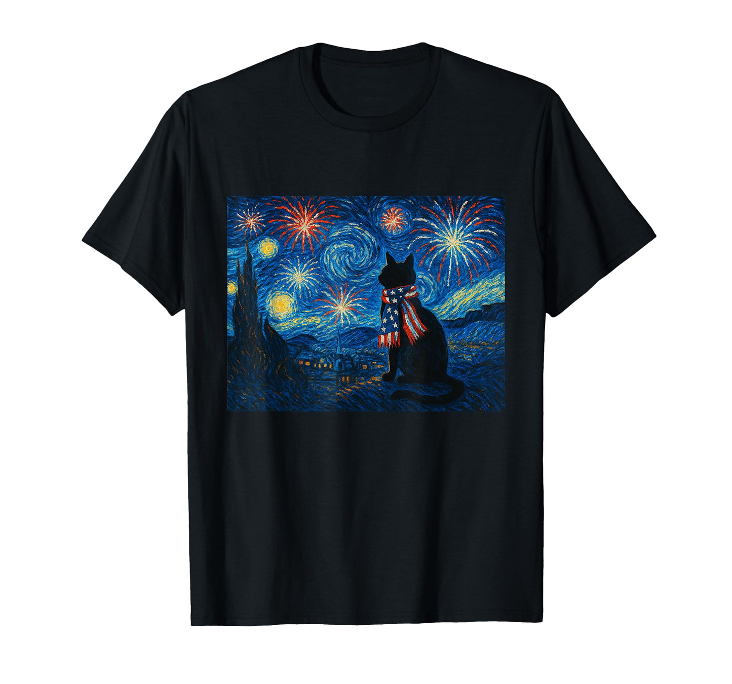 Cat Starry Night Van Gogh 4th of July Patriotic Cat Lover Men Women Kids T-Shirt