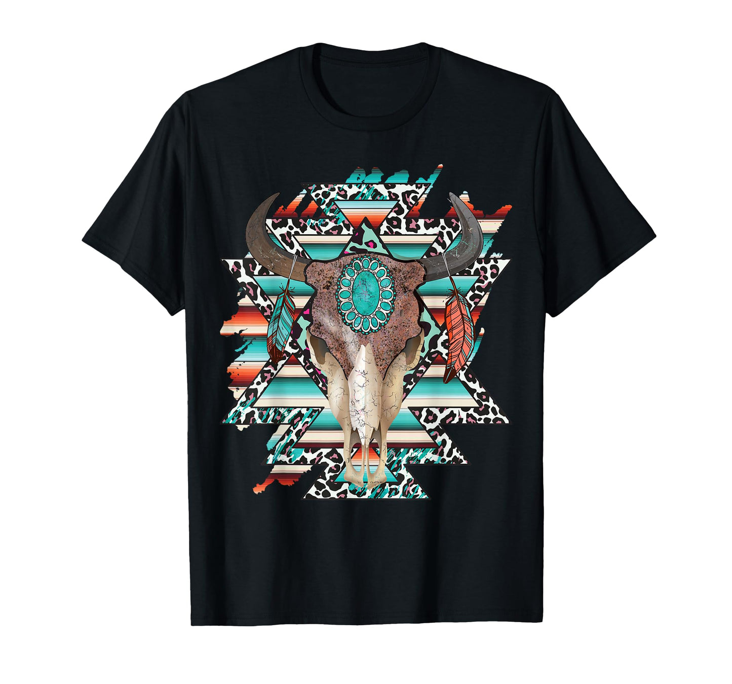 Boho Serape Turquoise Aztec Cow Bull Skull Western Cowgirl T-Shirt
