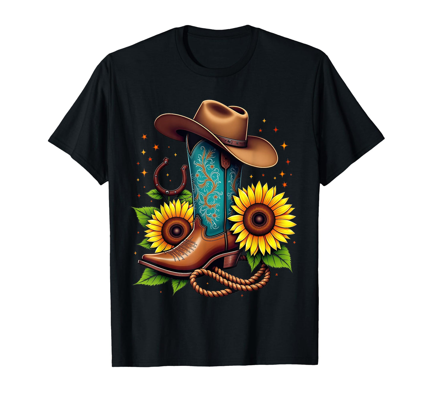 Western Cowboy Boot Sunflower Horseshoe Rope Cowgirl Boot T-Shirt