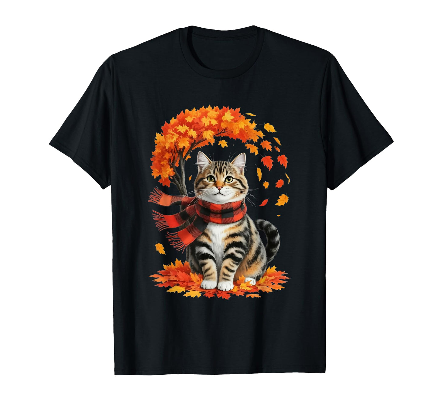 Cat in Autumn Scarf with Falling Leaves and Tree T-Shirt
