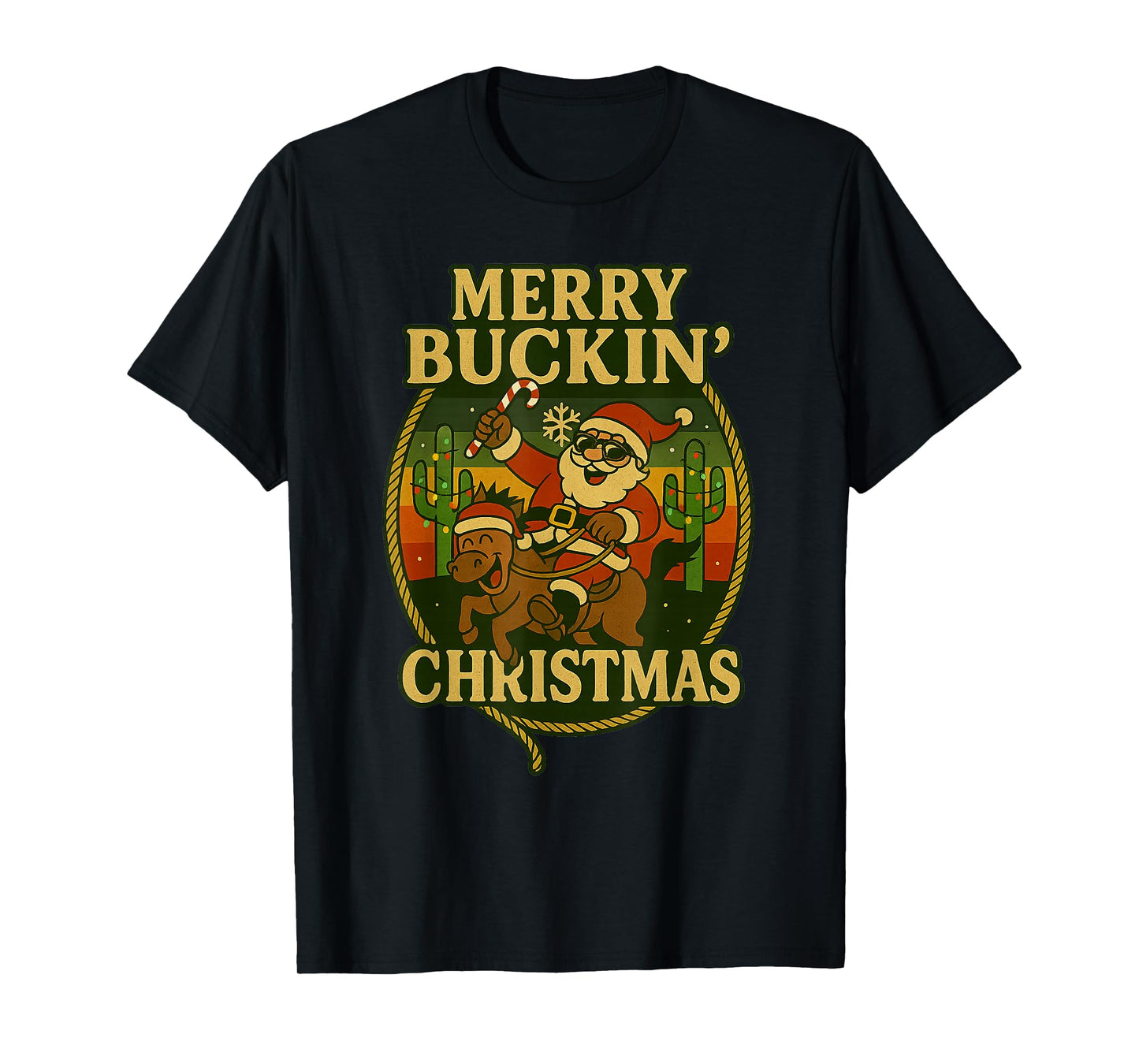 Merry Buckin’ Funny Christmas Rodeo Cowboy Santa Riding T-Shirt