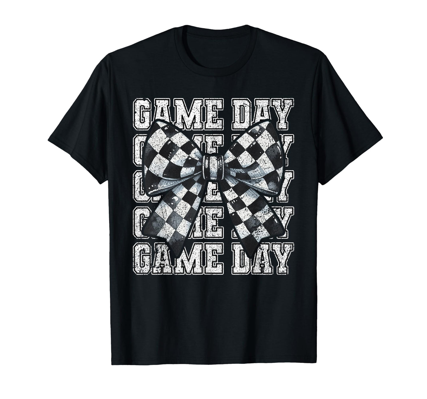 Retro Croquette Bow Black White Checkered Football Game Day T-Shirt