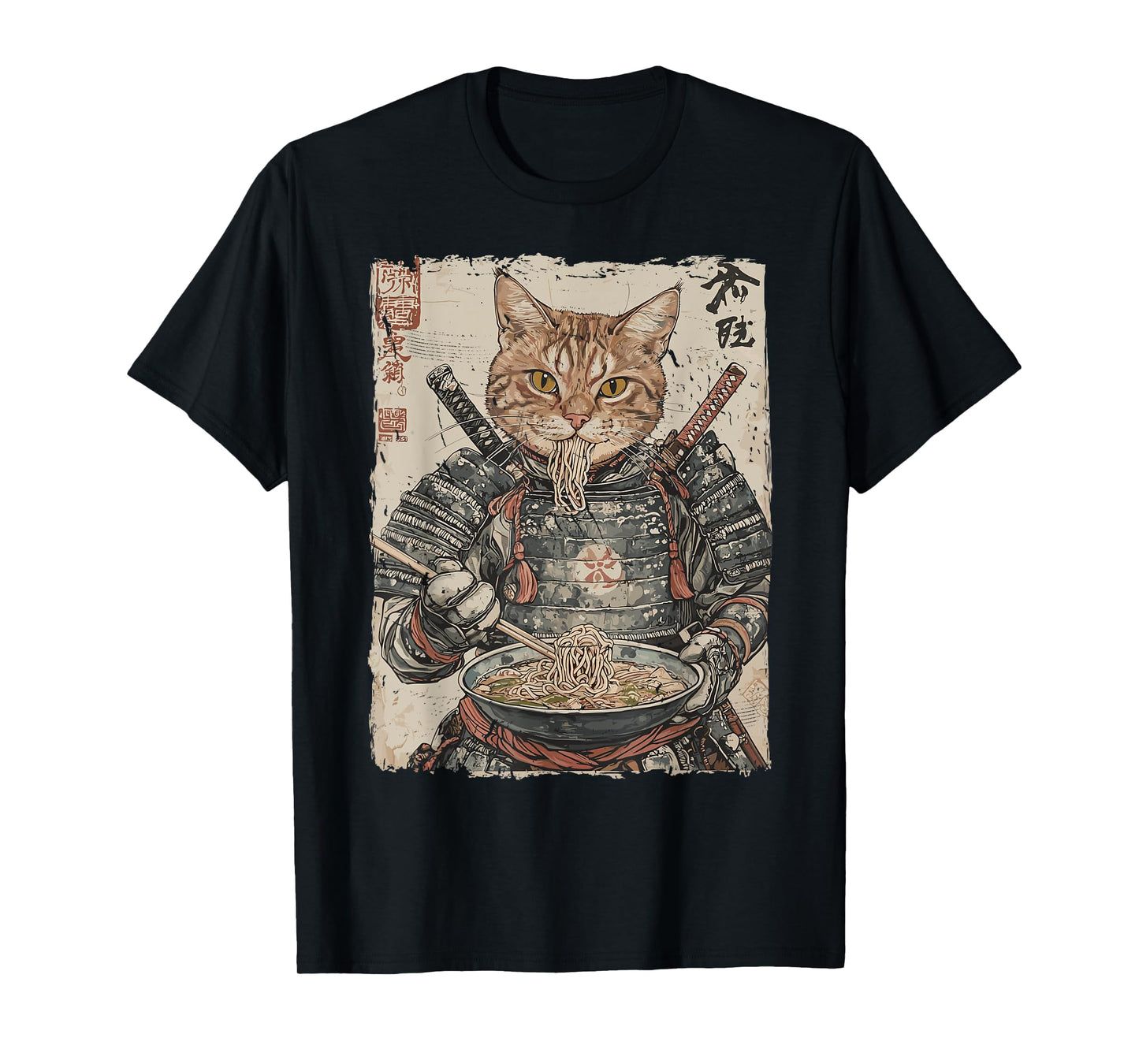 Samurai Cat Loves Ramen Funny Anime Japanese Artwork Samurai T-Shirt