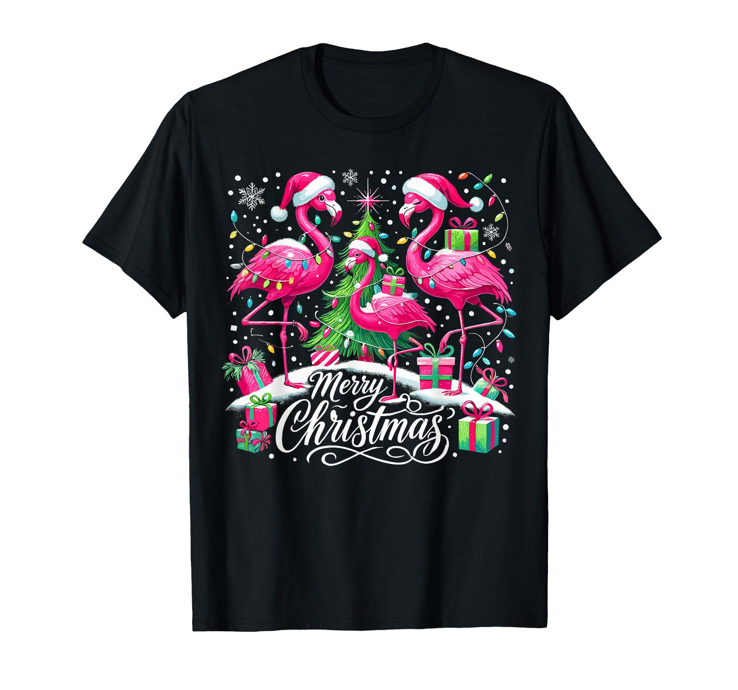 Merry Christmas Hat Santa Flamingo Christmas T-Shirt