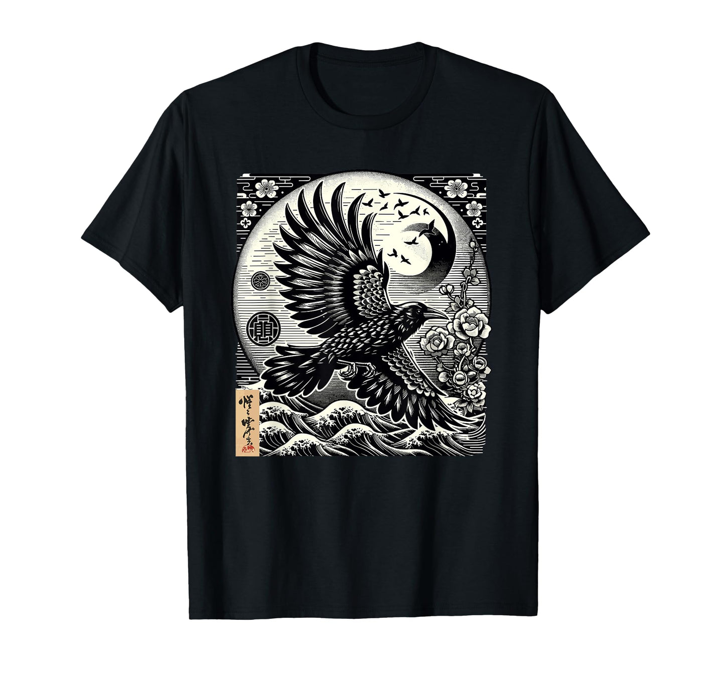 Graphic Japan Woodblock Art Crow Raven Vintage T-Shirt