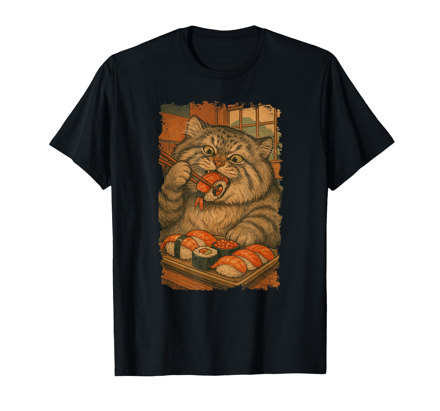 Manul Pallas´s Cat Eats Sushi Japanese Vintage T-Shirt