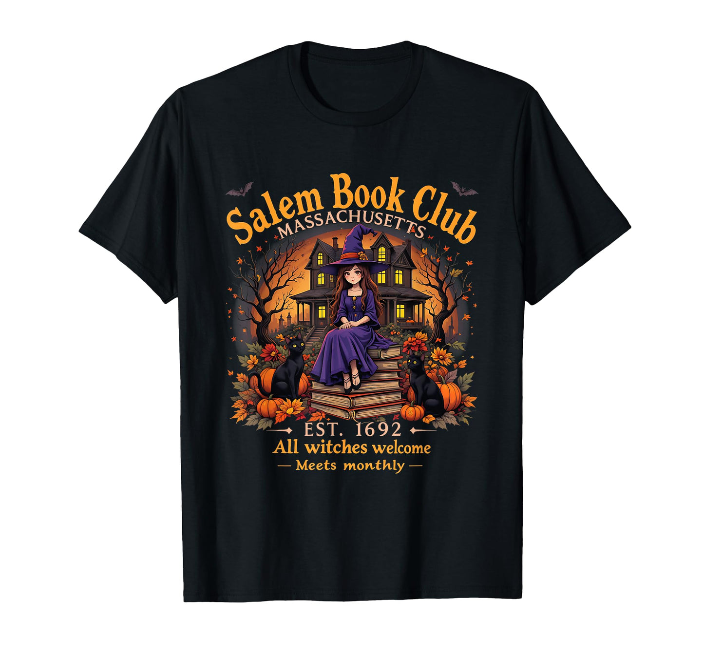 Bookish Spooky Halloween Vintage Salem Book Club Black Cat T-Shirt