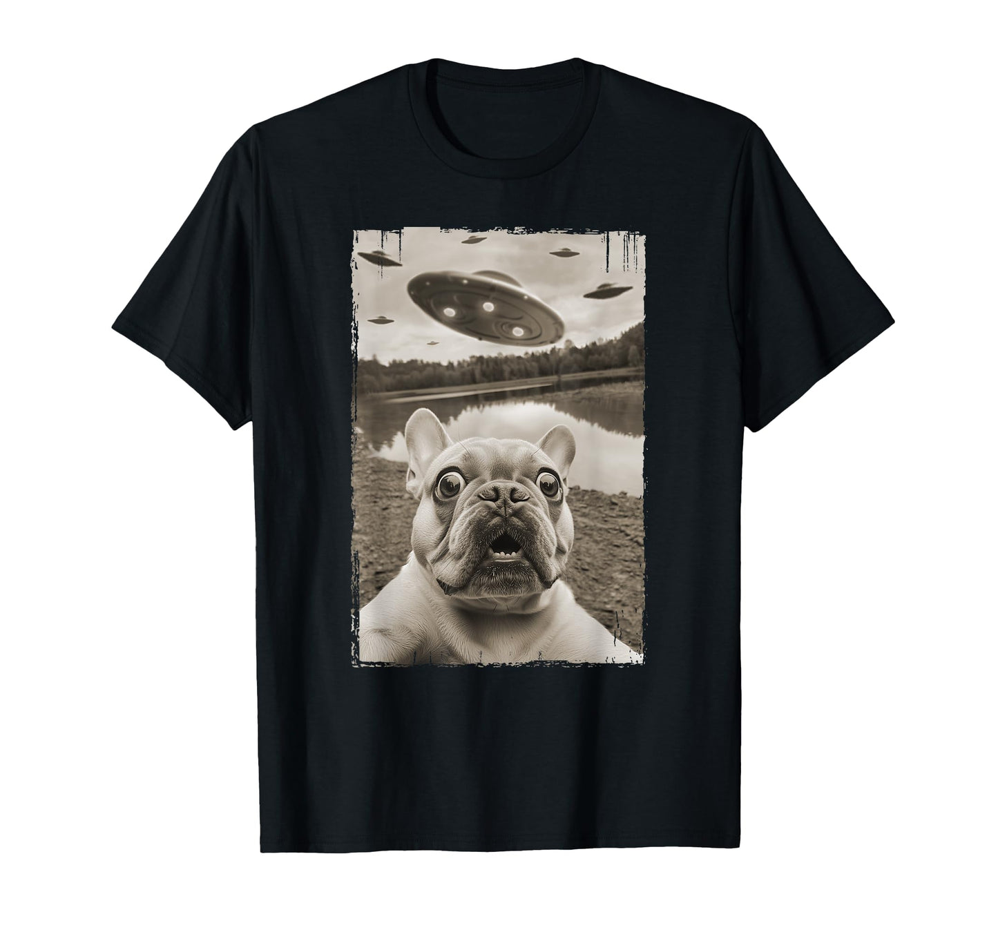 French Bulldog and UFO - Funny UFO and French Bulldog Selfie T-Shirt for Men Women Kids