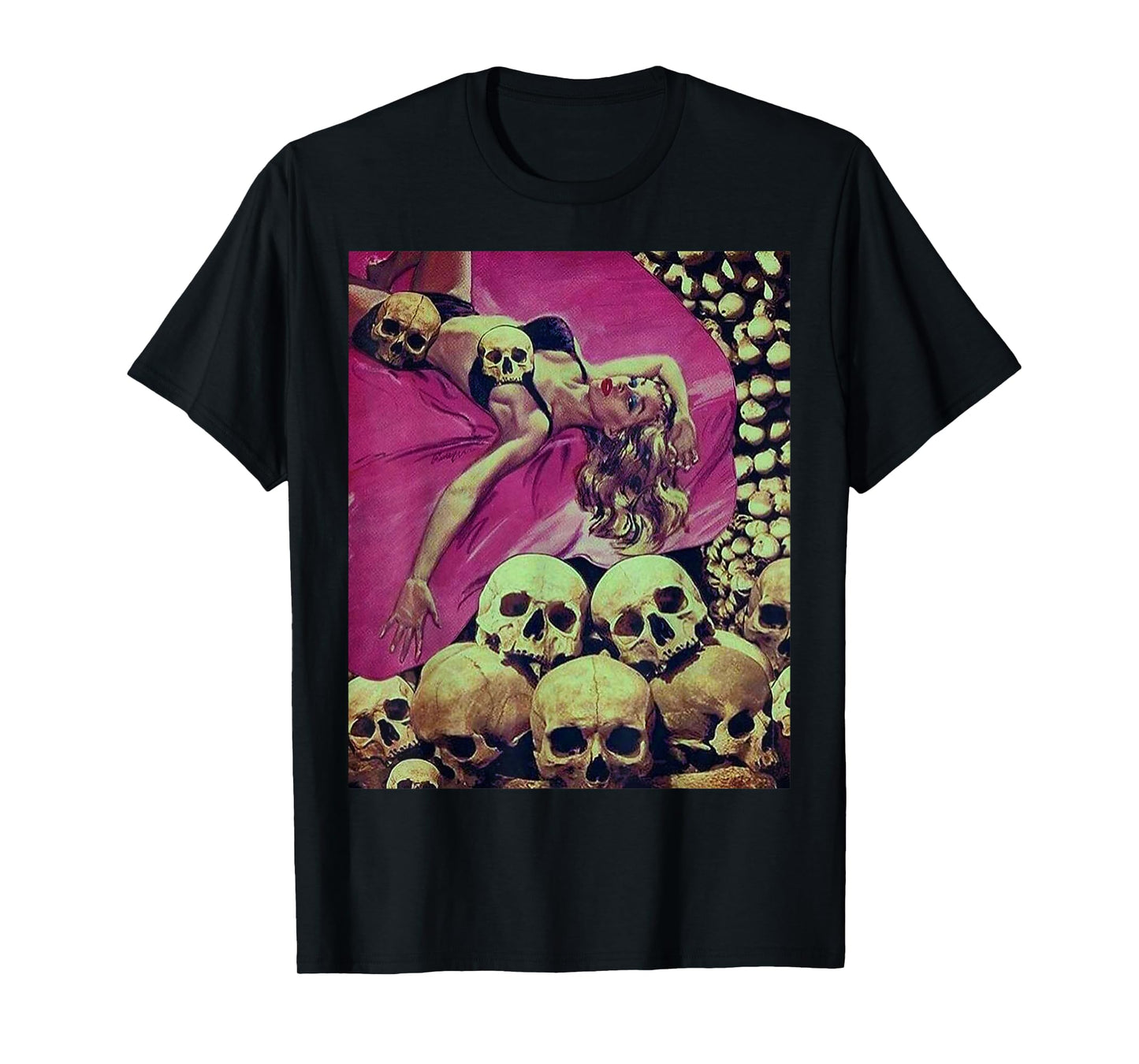 Pin Up Girl in a Bed of Skulls Sci Fi Sexy Horror Comic Book T-Shirt