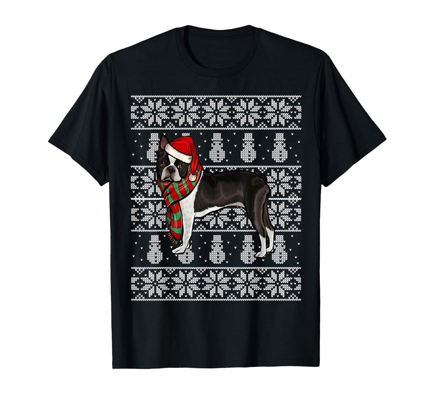 Santa Hat Xmas Boston Terrier Ugly Christmas T-Shirt