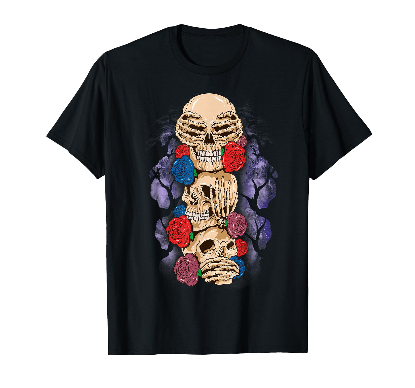 Skull Halloween See No Evil Hear Speak Wise Monkey Rose T-Shirt