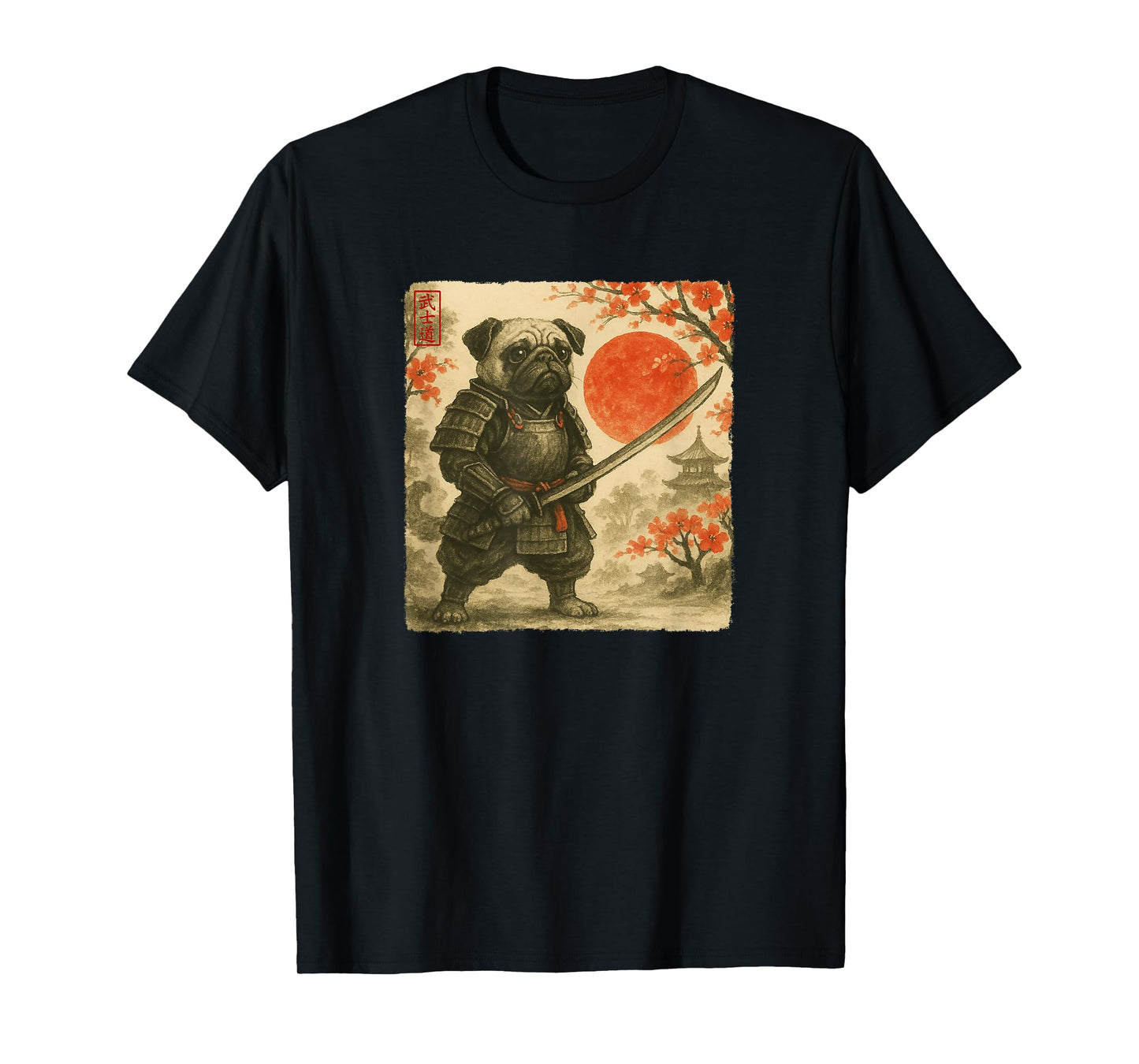 Pug Samurai Japanese Warrior Costume Sumi-e Art Funny T-Shirt