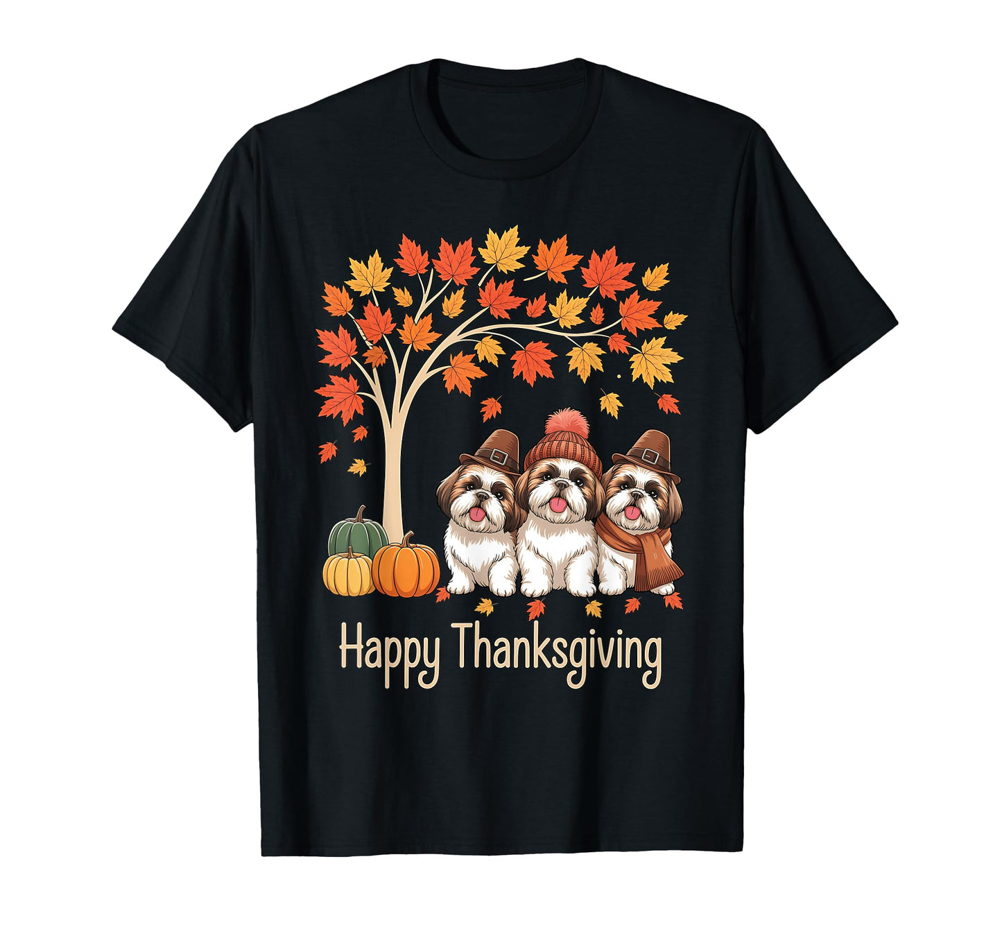 Funny Three Shih Tzu Dogs Tree Happy Thanksgiving T-Shirt