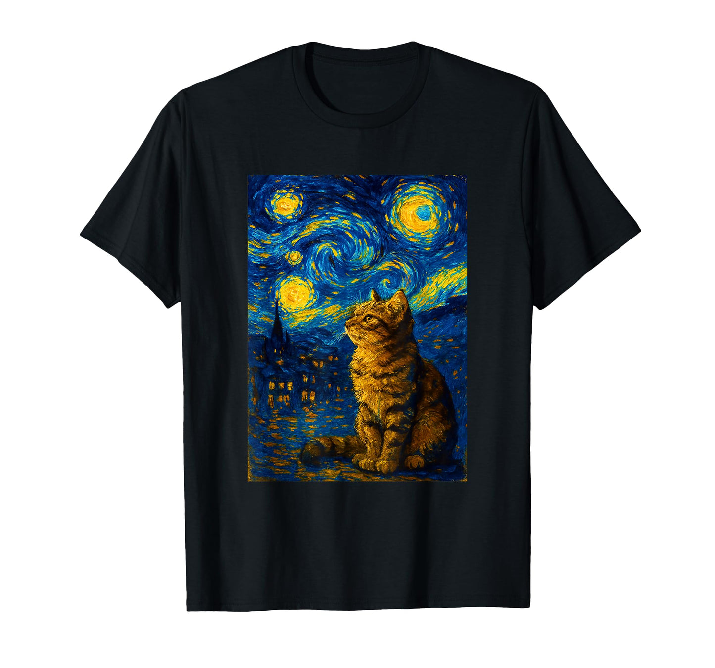 Swirling Sky Cat Painting Art Funny Graphic Vintage T-Shirt