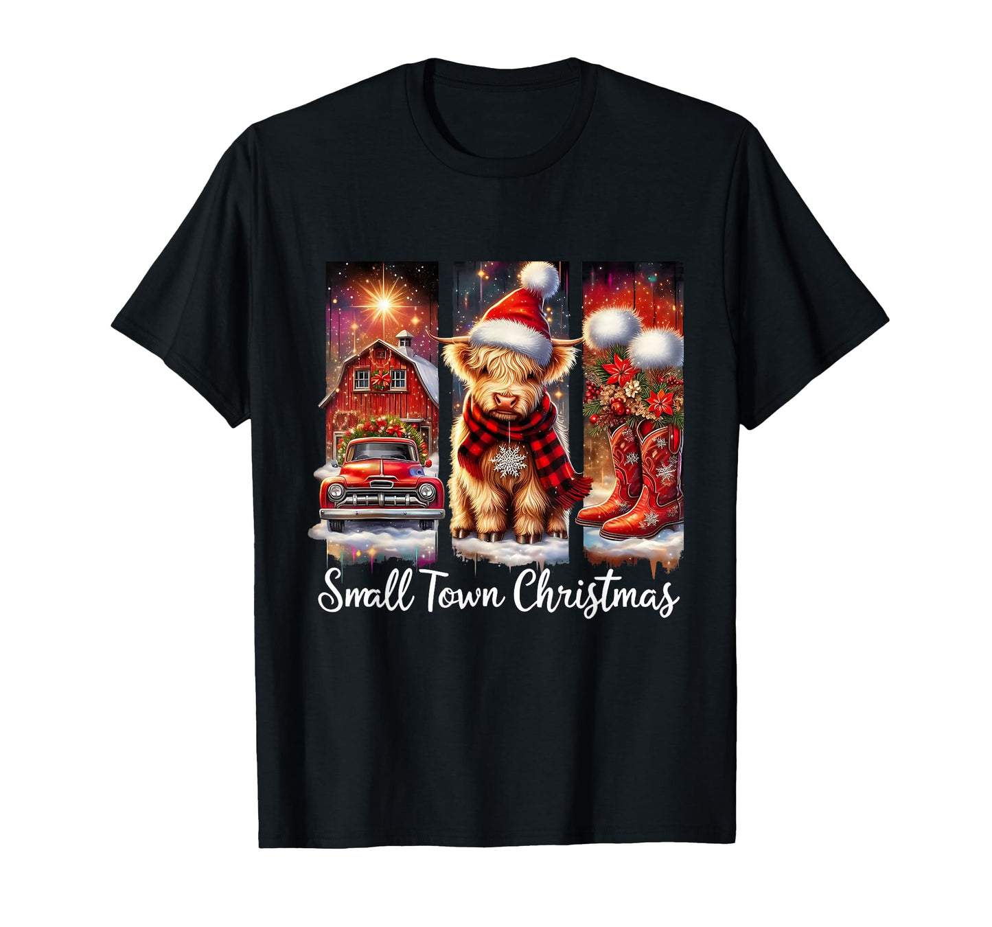 Small Town Christmas Highland Cow Western Art T-Shirt