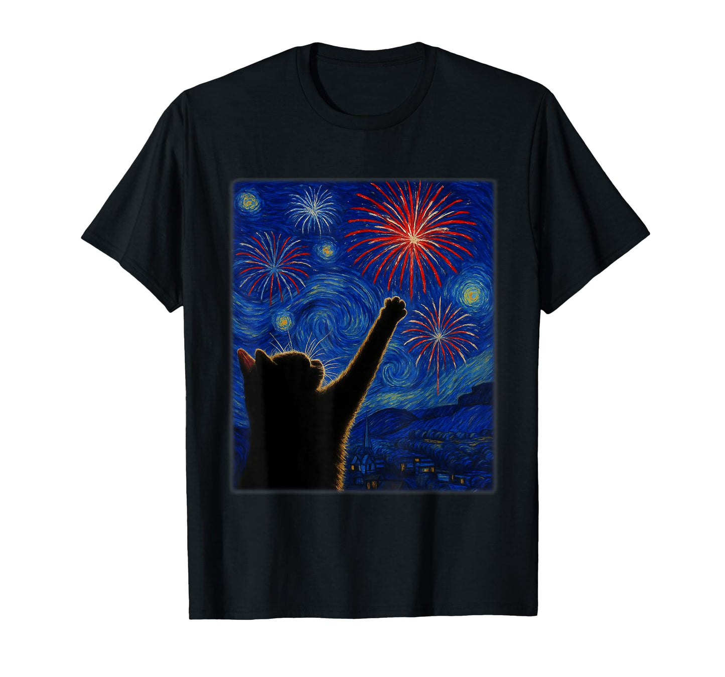Cat Starry Night Van Gogh USA Flag 4th of July Men Women T-Shirt