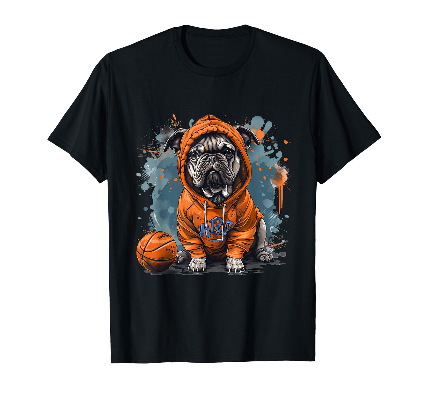 Cute French Bulldog Basketball Cool Dog Sports Orange Blue T-Shirt