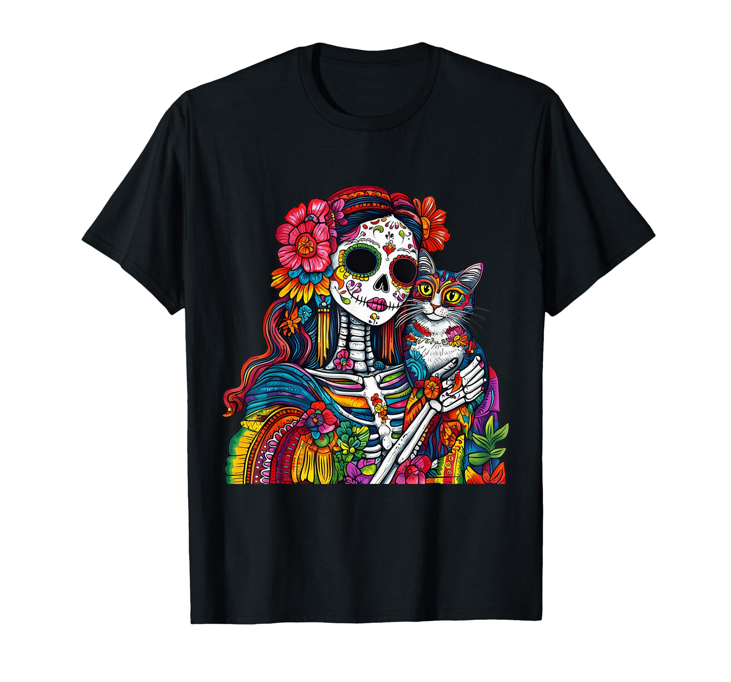 Cute Da De Los Muertos Cat Skeleton Sugar Skull T-Shirt