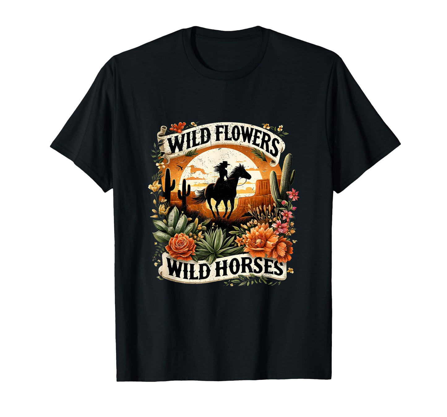 Wild Flowers Cowgirls Riding Horses Retro Western T-Shirt