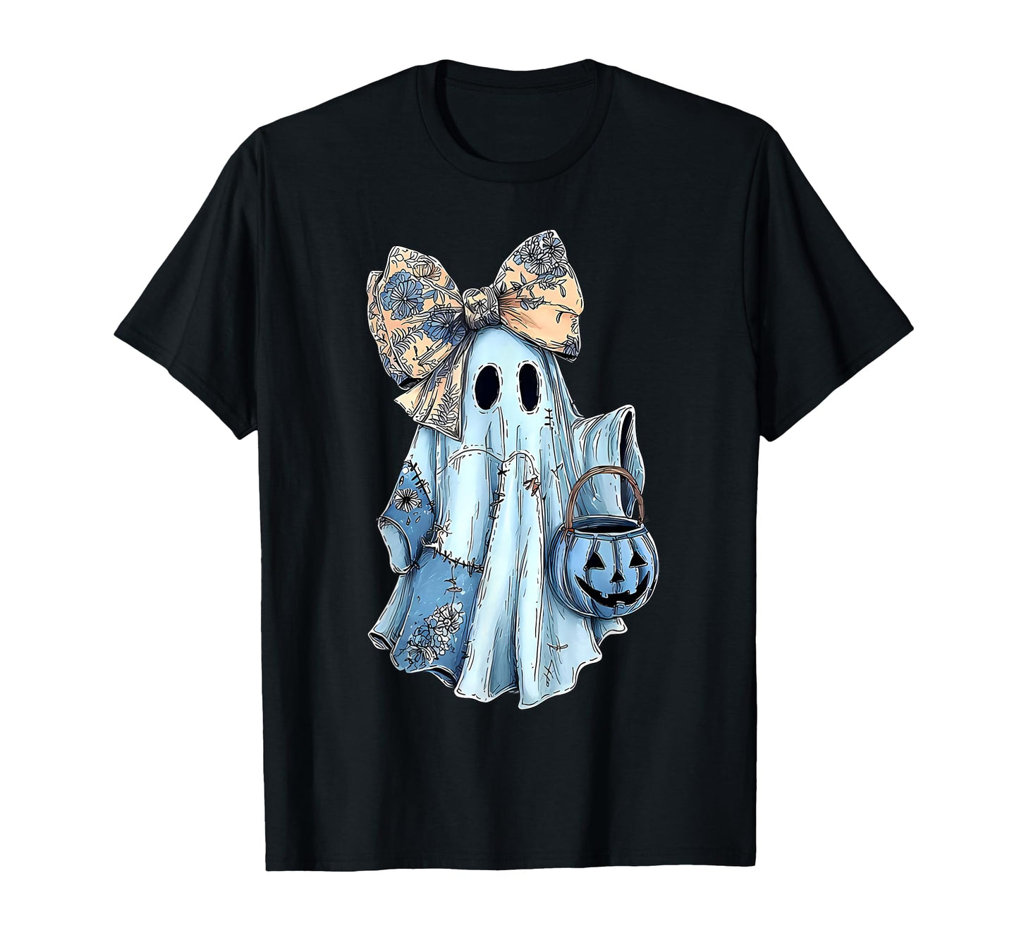 Girly Halloween Blue Denim Ghost Preppy Ghost Bow T-Shirt