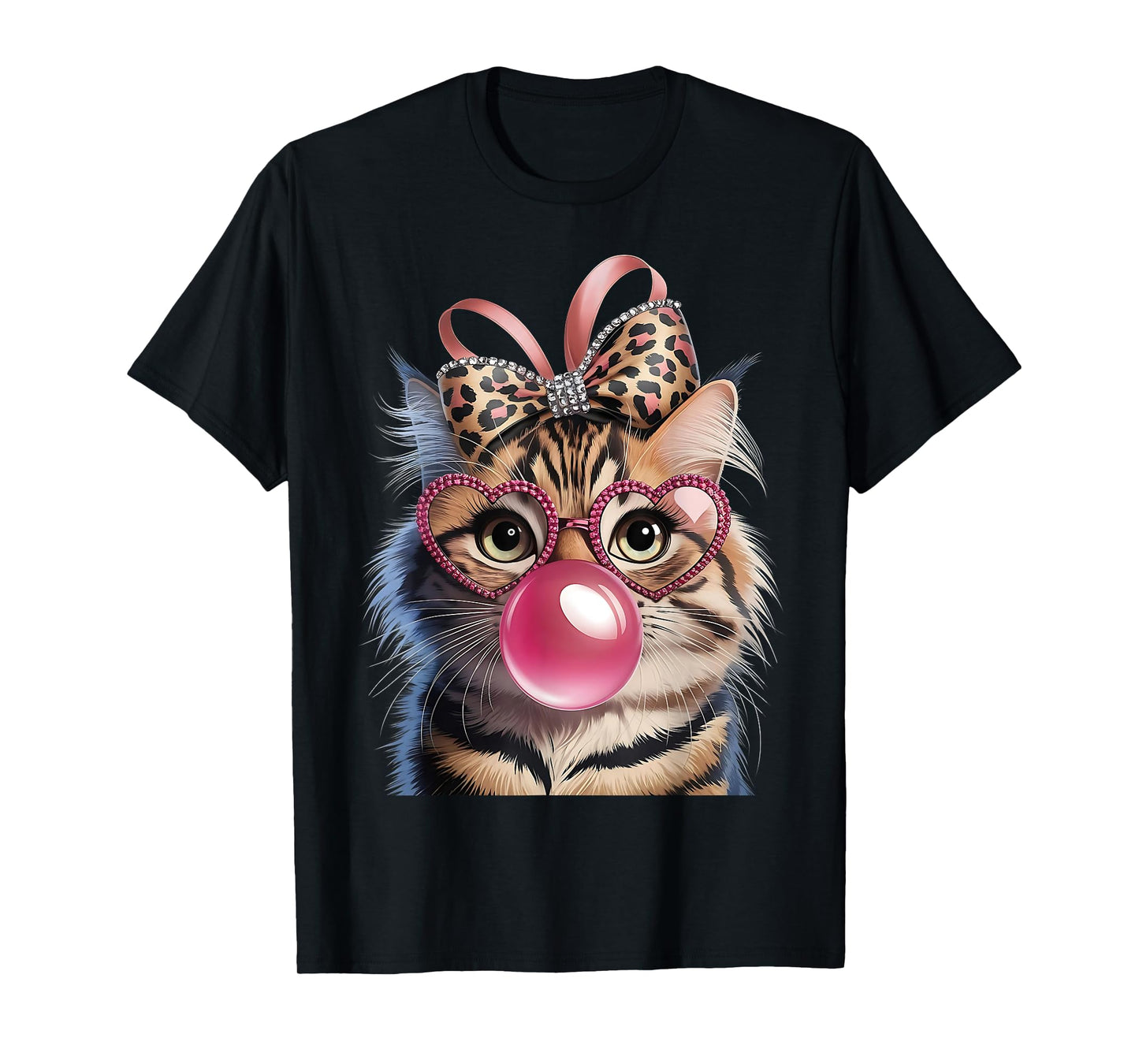 Cute Funny Leopard Bow Pink Glasses Cat Bubble Gum Girls T-Shirt