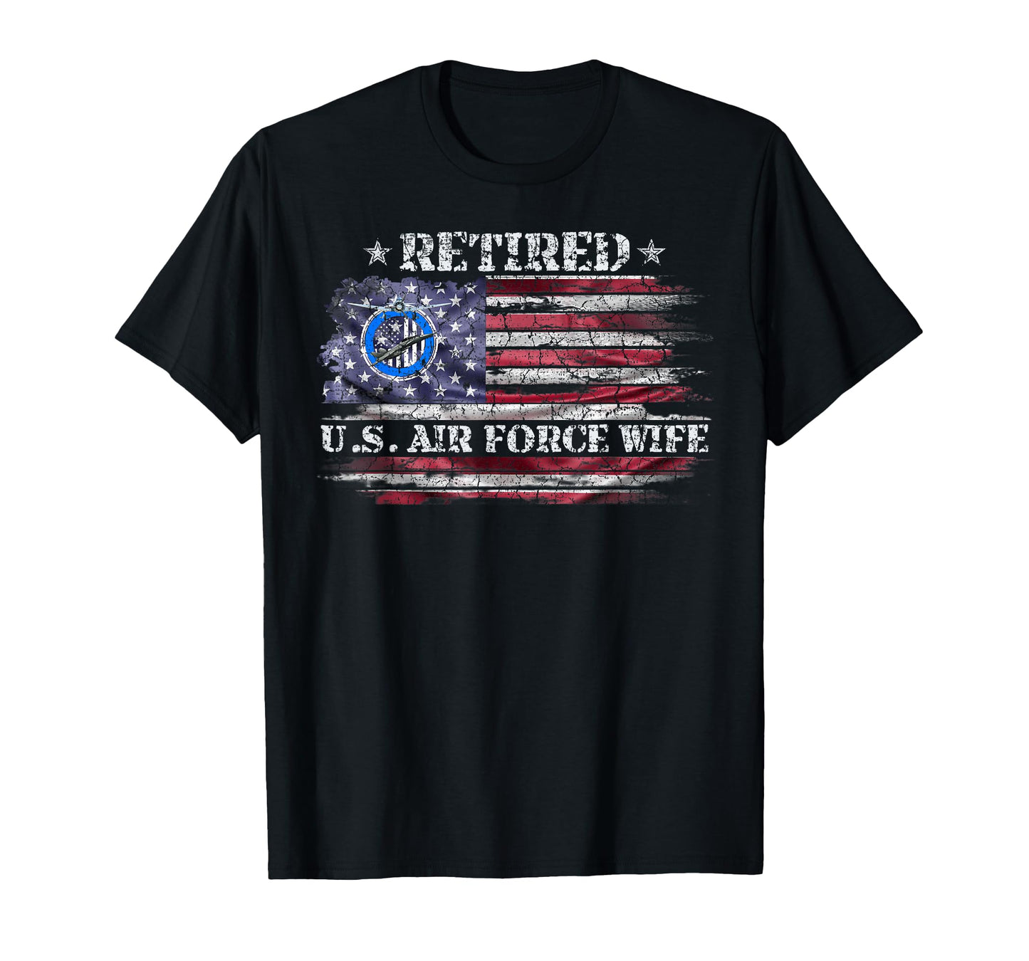 Vintage USA American Flag Proud Retired US Air Force Wife T-Shirt