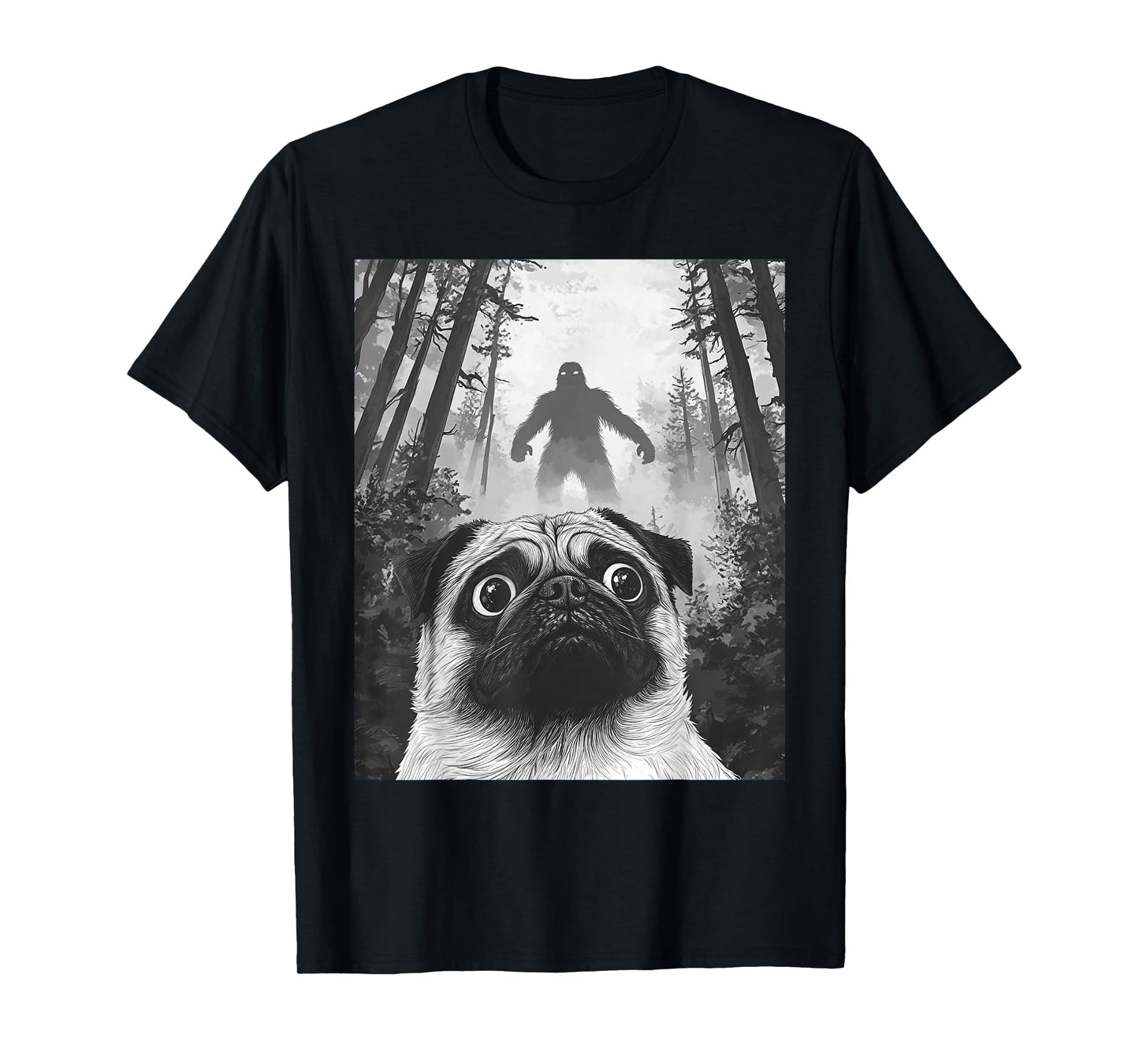Dog Pug Selfie With Bigfoot Sasquatch Funny T-Shirt