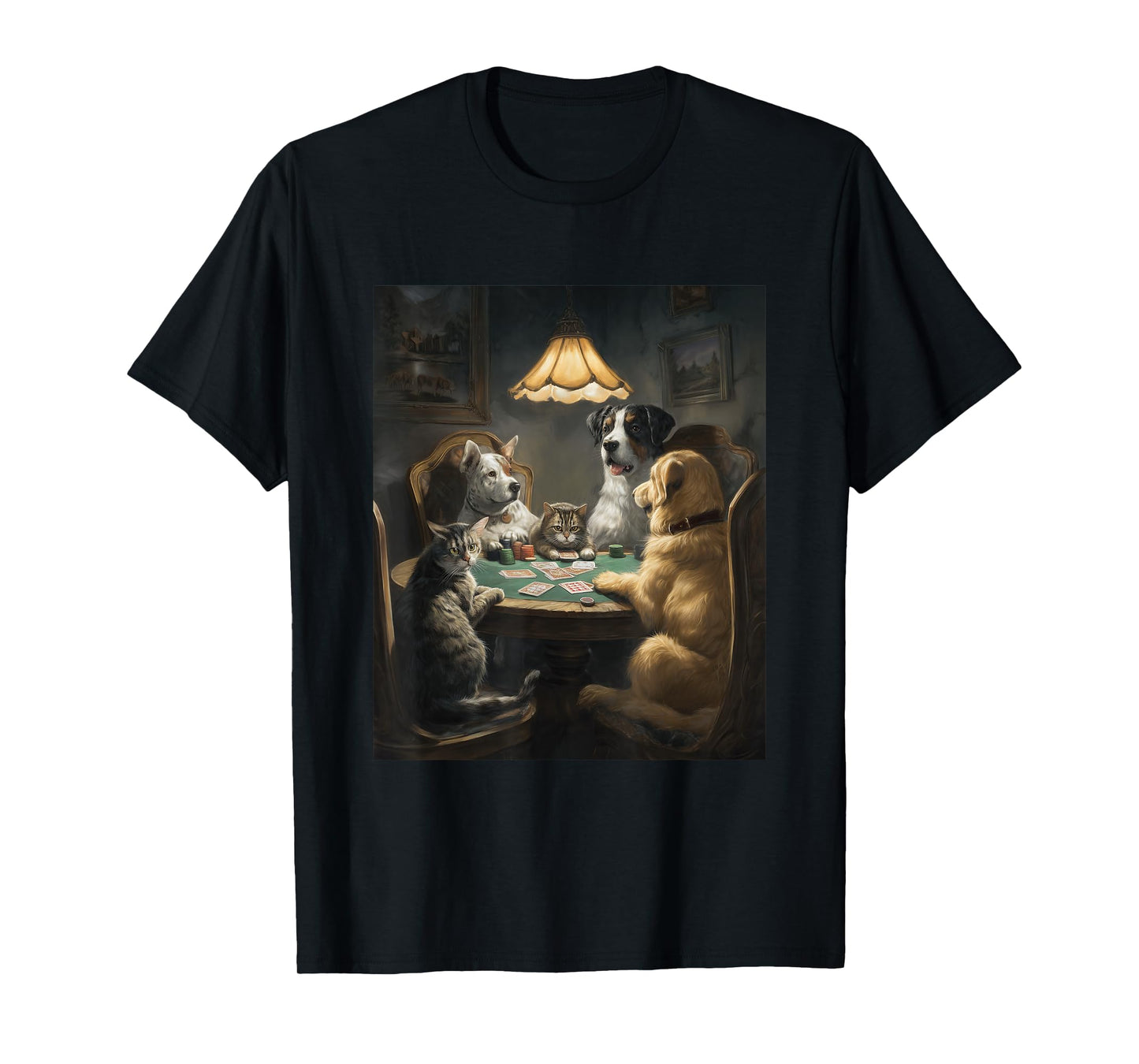 Dog Cat Playing Poker Funny Graphic T-Shirt