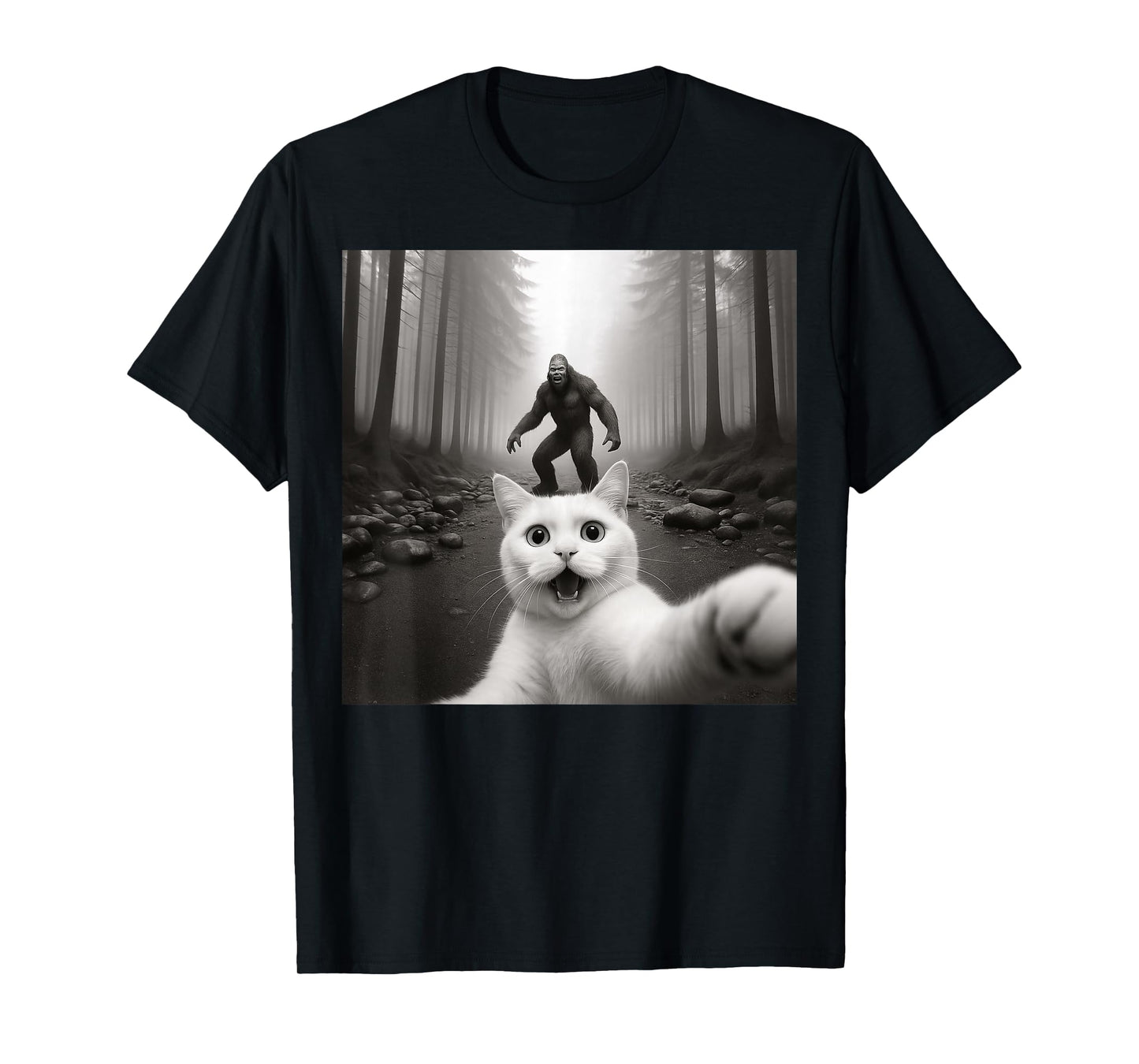 Cat Selfie With Bigfoot Funny Cat Gifts For Men Women Kid T-Shirt