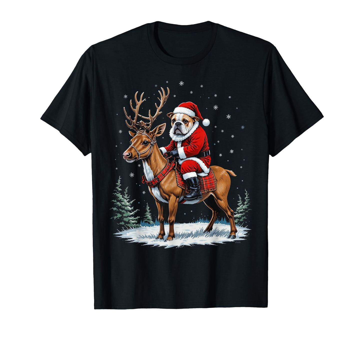 Bulldog Santa Riding Reindeer Christmas Holiday T-Shirt