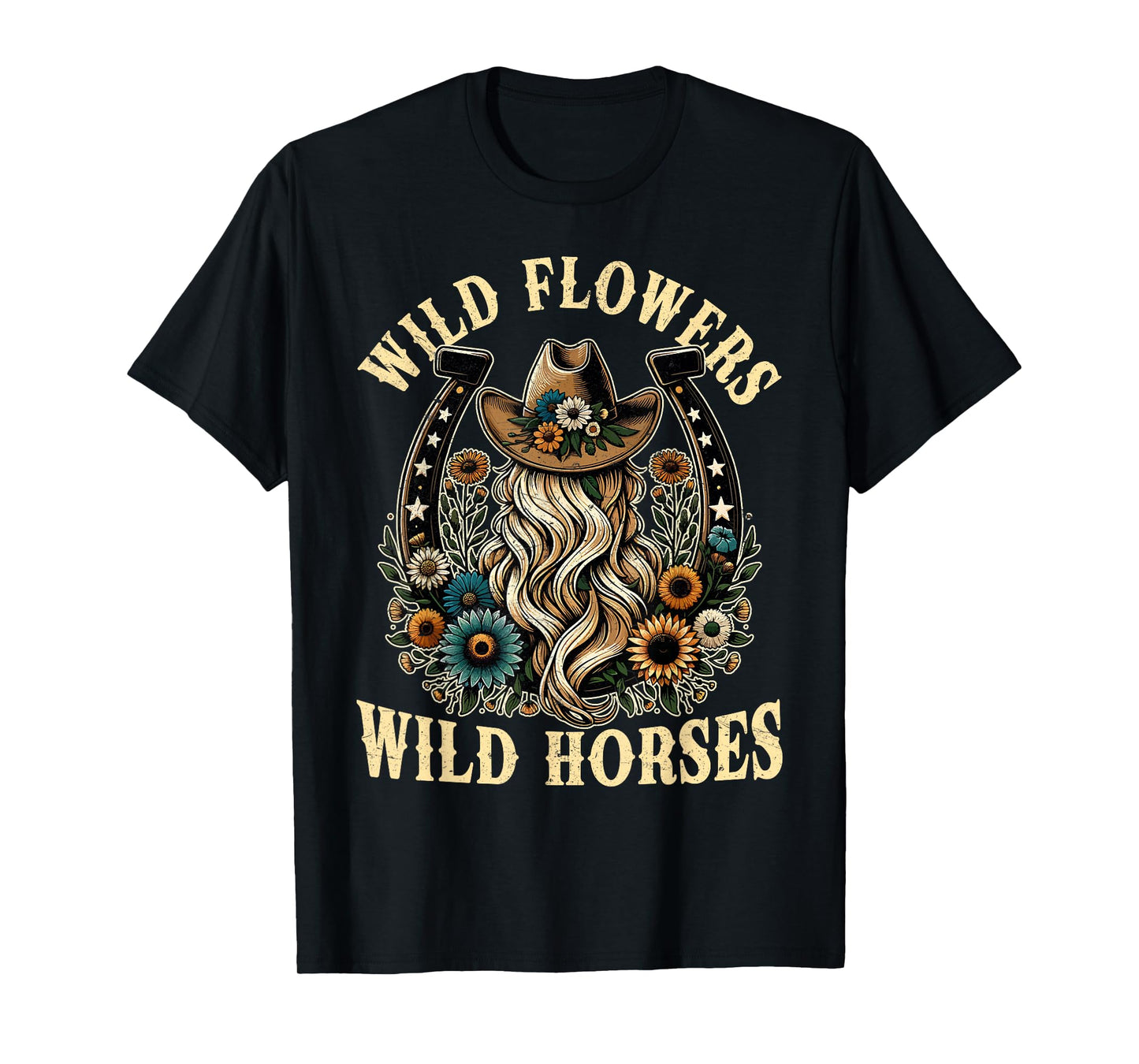 Retro Southern Sunset Cowgirl Wild Flowers - Wild Horses T-Shirt