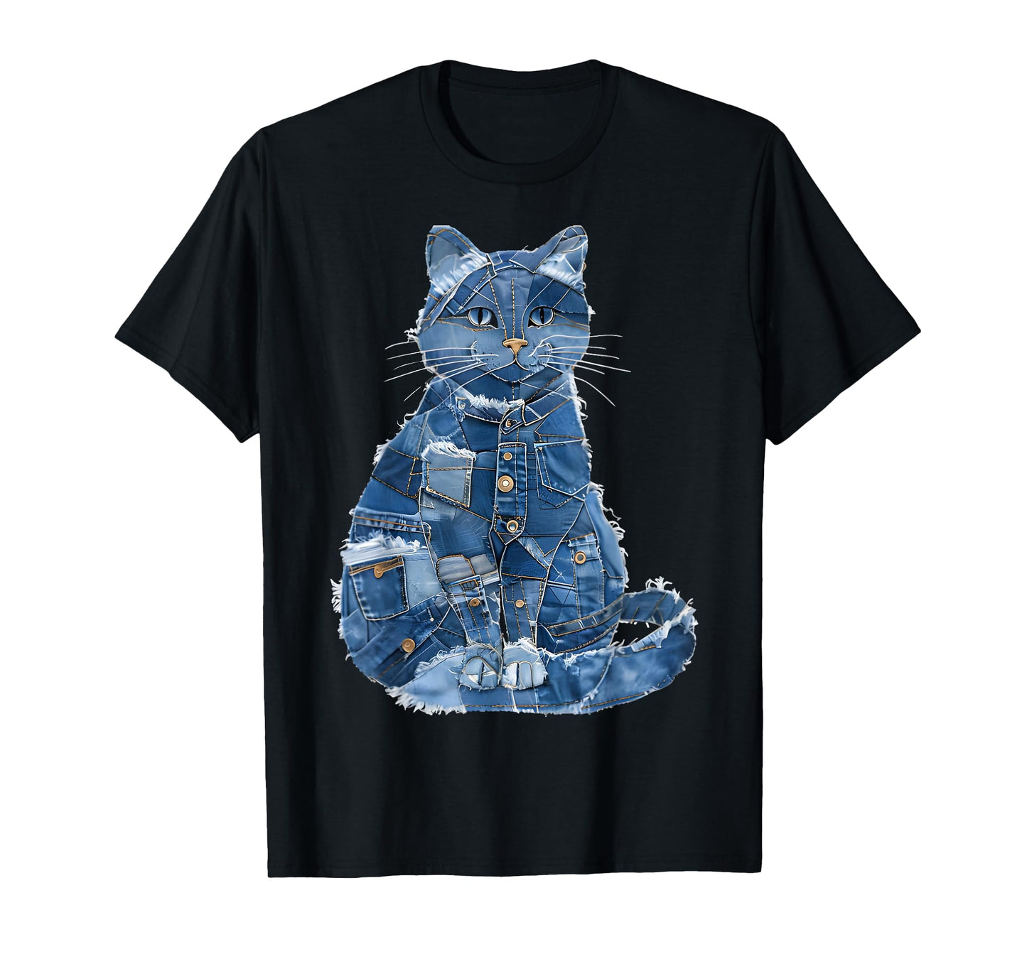 Retro Cat Pattern Denim Patchwork Graphic Art T-Shirt