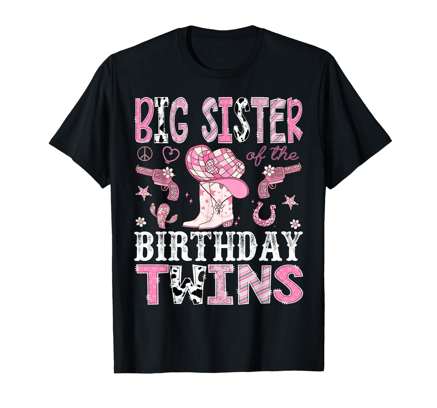 Big Sister of The Birthday Twins Pink Rodeo Cowgirl Western T-Shirt