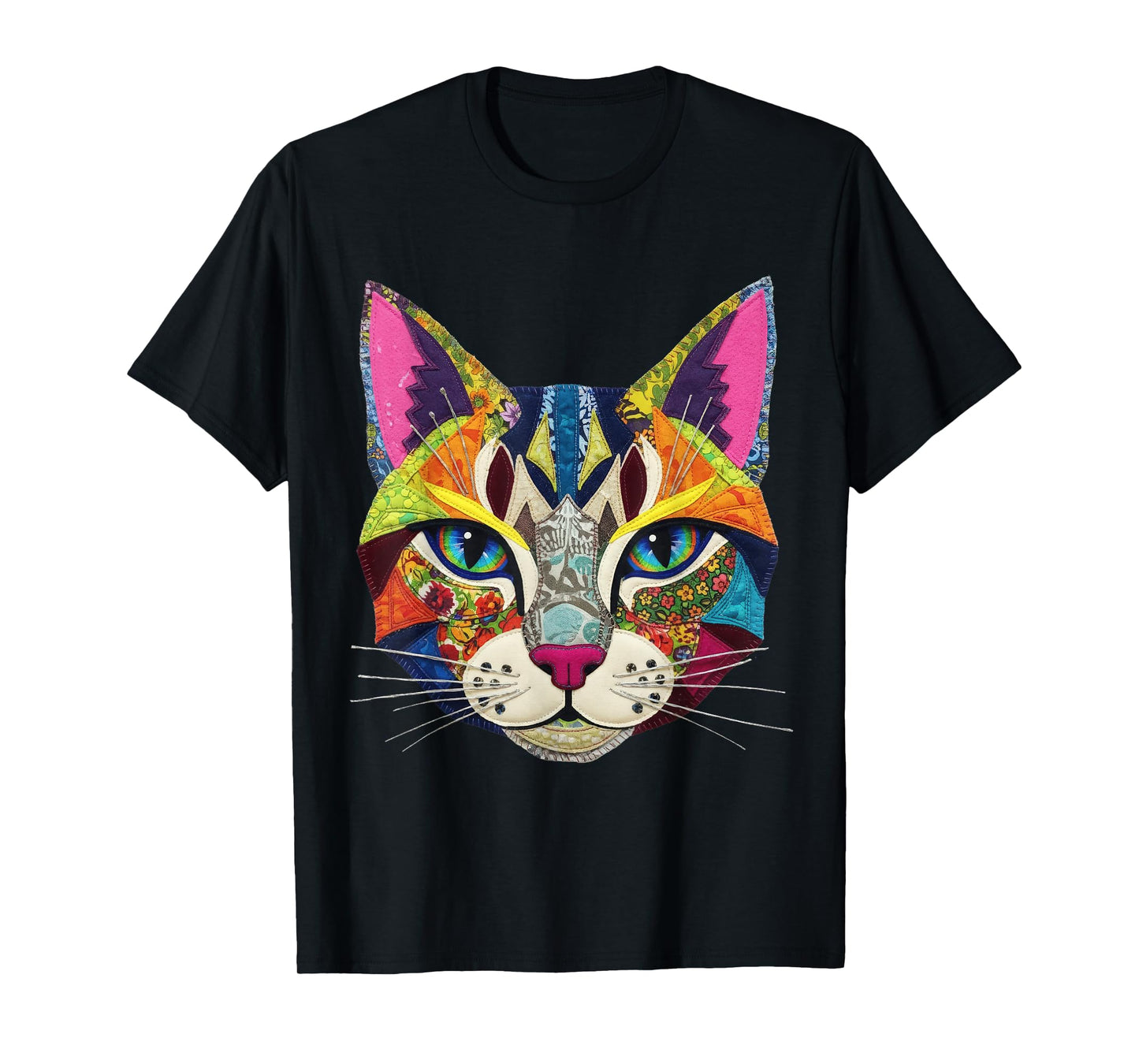Vibrant Colorful Fake Patch Style Cat Art Lover T-Shirt