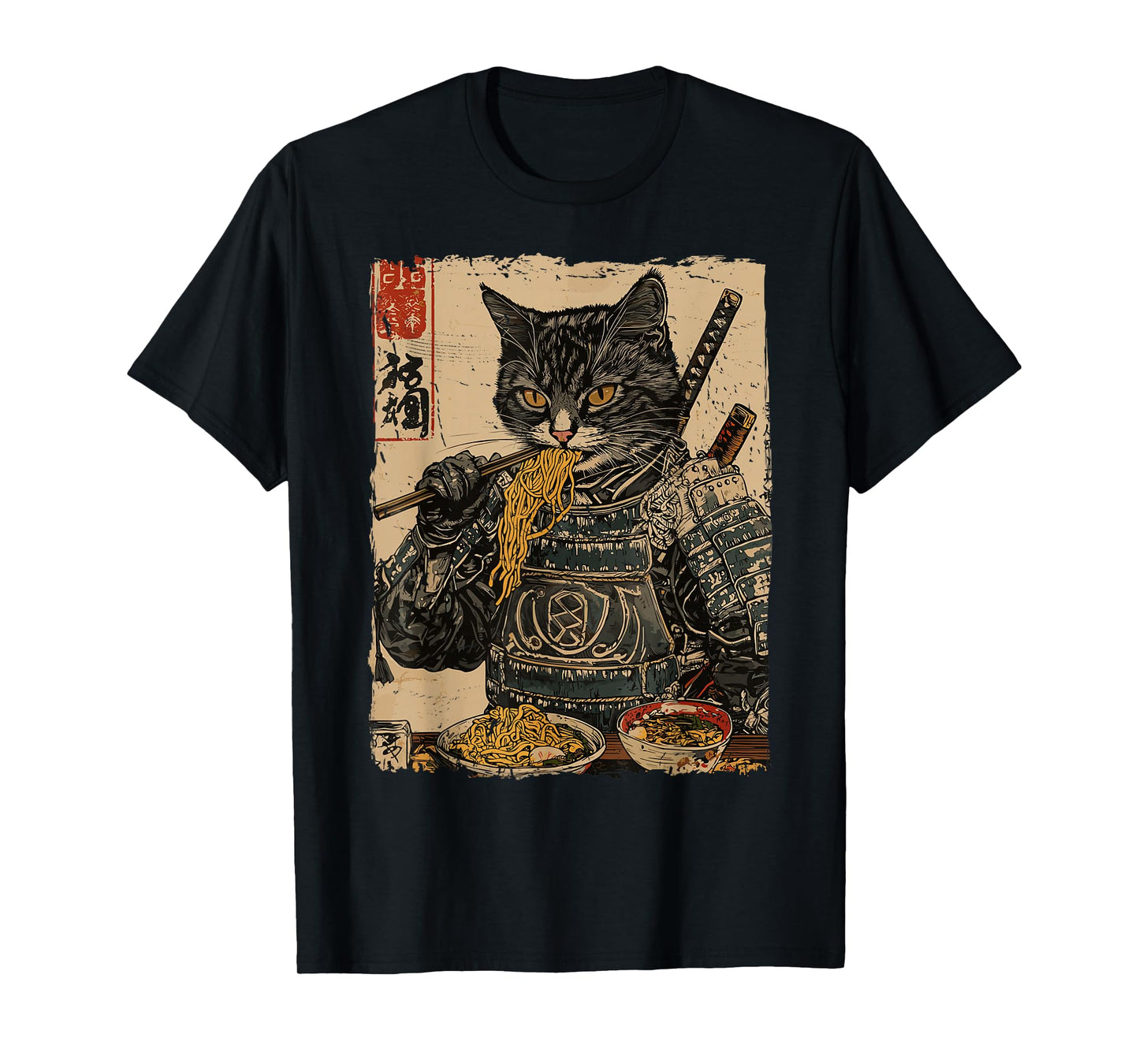 Samurai Cat Loves Ramen Funny Anime Japanese Artwork Samurai T-Shirt