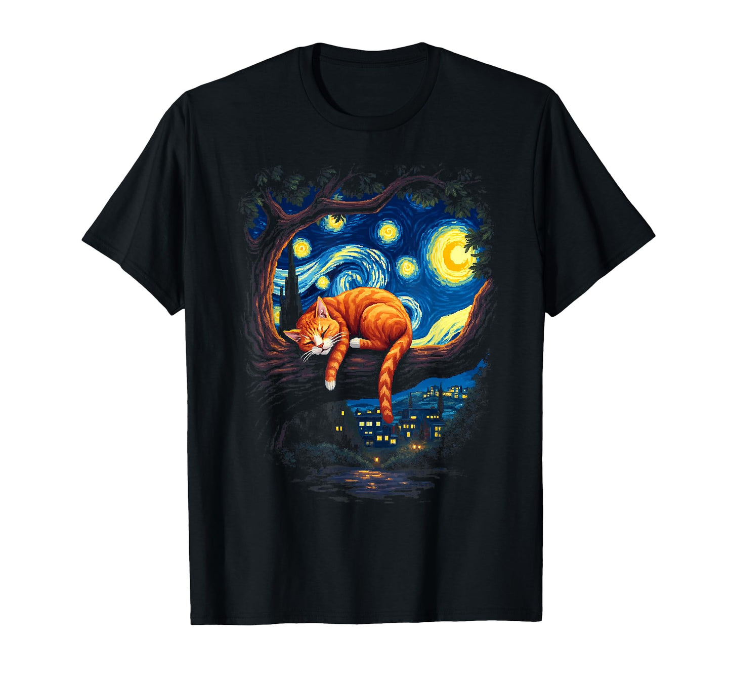 Van Gogh Starry Night Funny Cat Moonlit Scene Cat Lovers T-Shirt