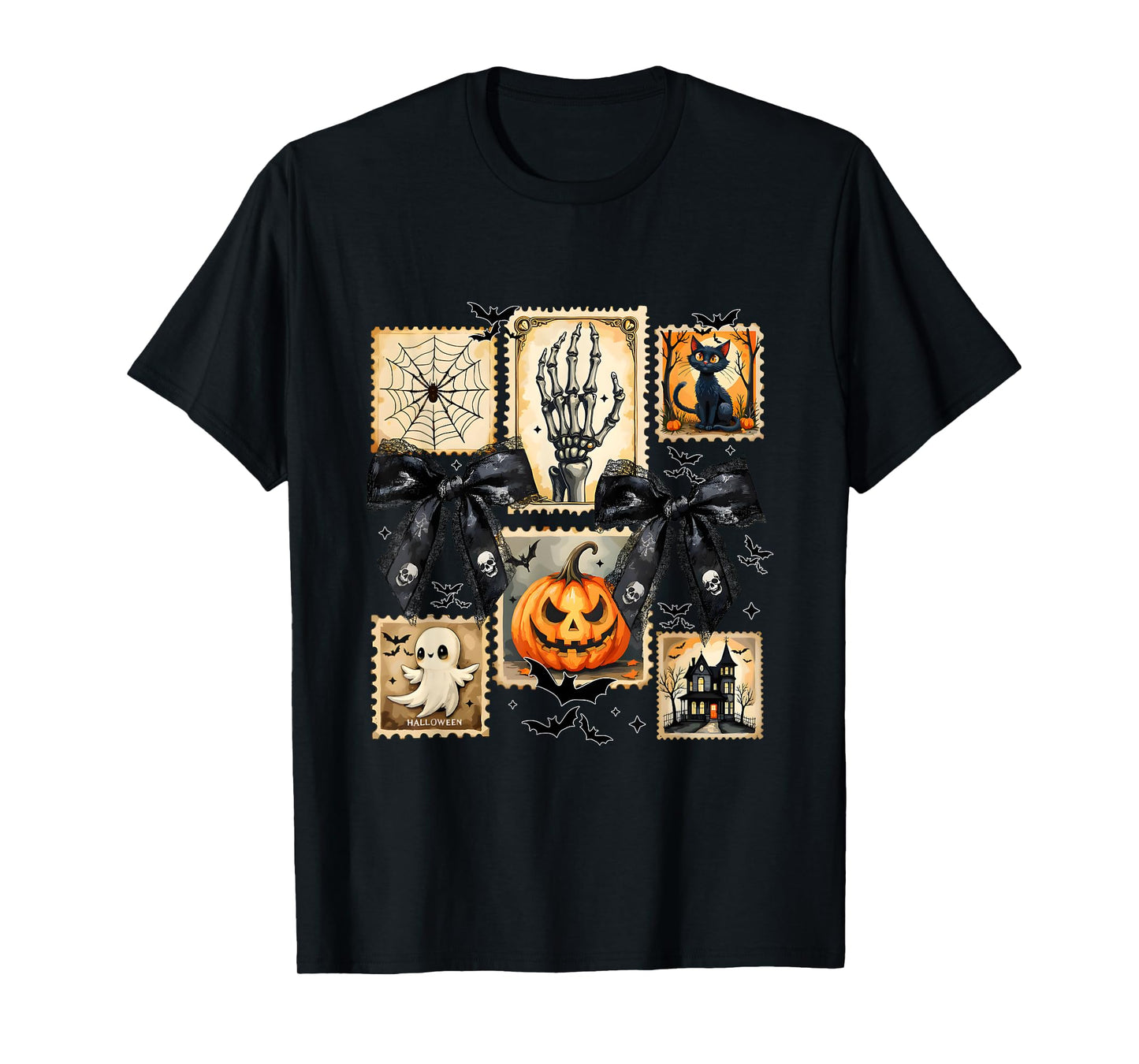 Halloween Pumpkin Cat Ghost Skull Coquette Bow Girls Women T-Shirt