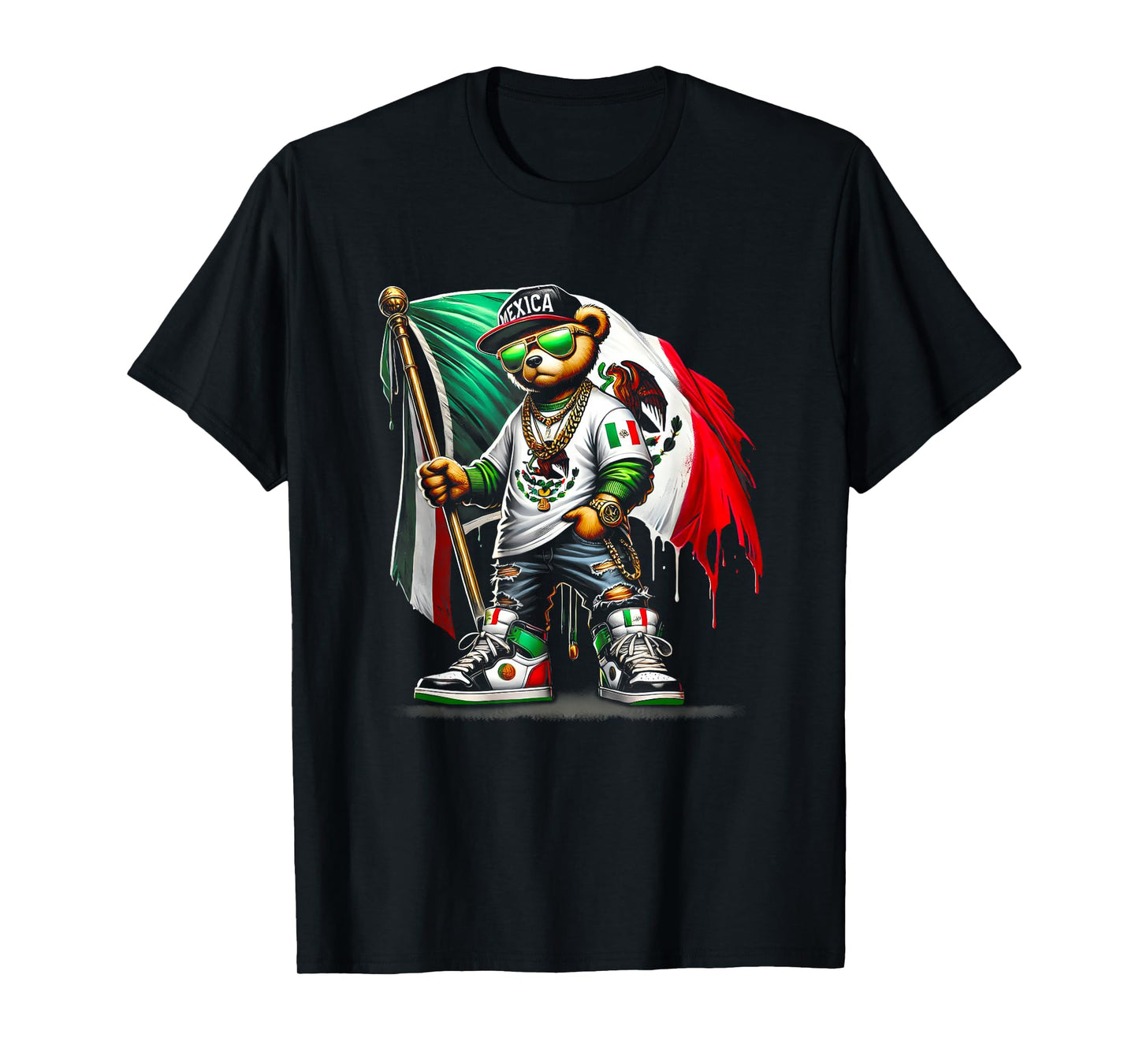 Teddy Bear In Hip Hop Costume Mexican Flag Mexico T-Shirt