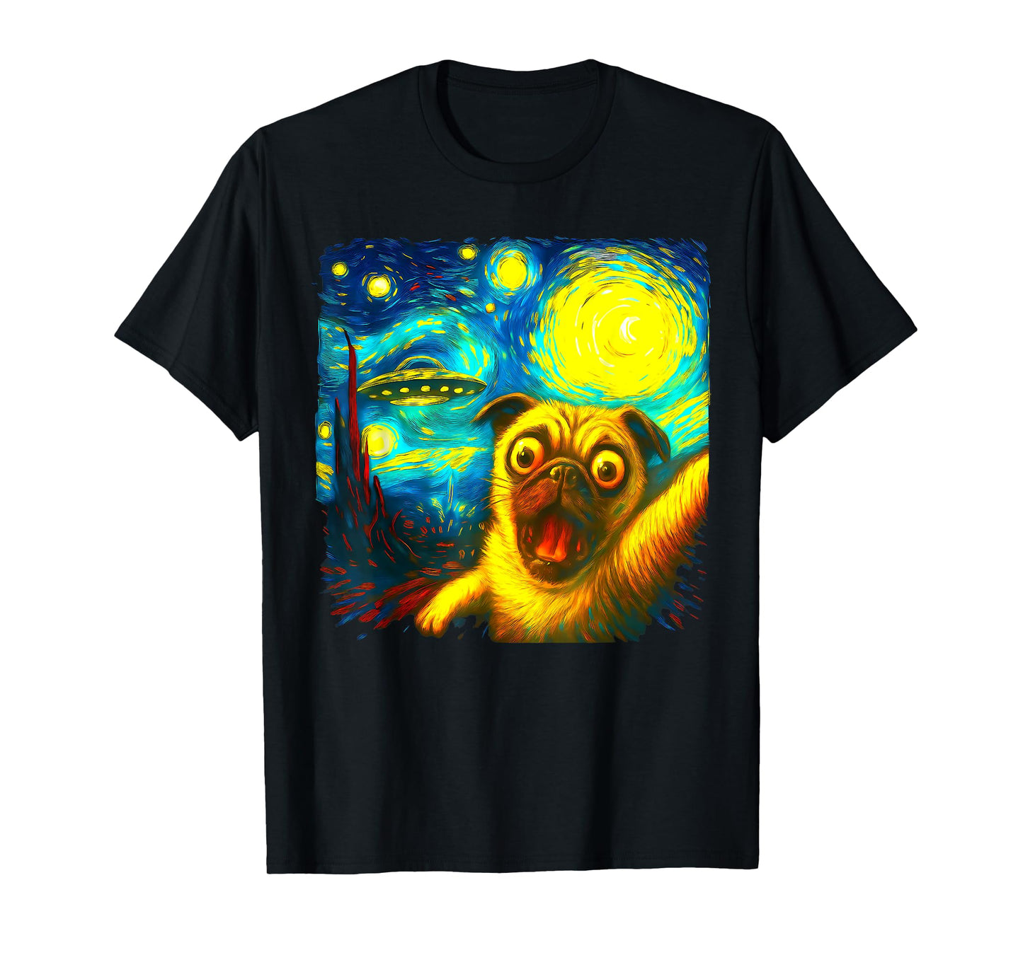 Pug Selfie With Alien UFO Funny Starry Night Van Gogh T-Shirt