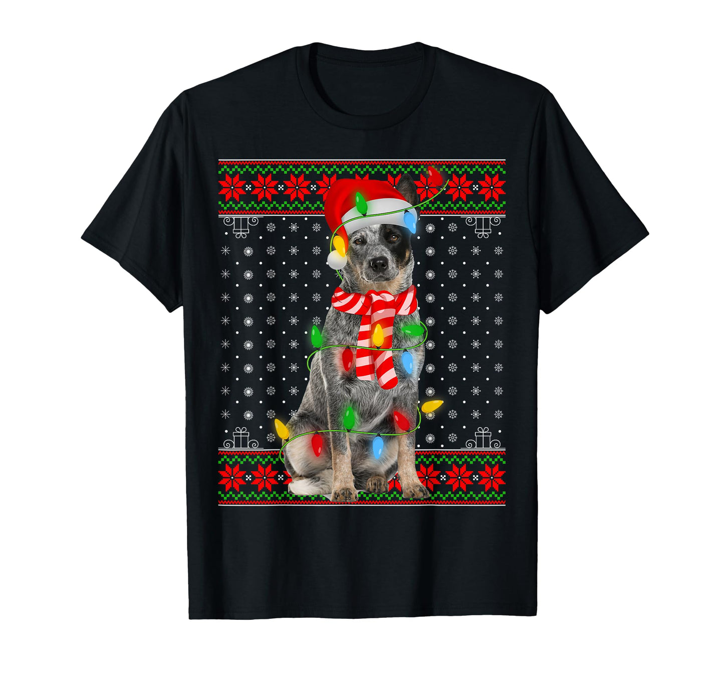 Ugly Xmas Dog Lights Santa Hat Blue Heeler Dog Christmas T-Shirt