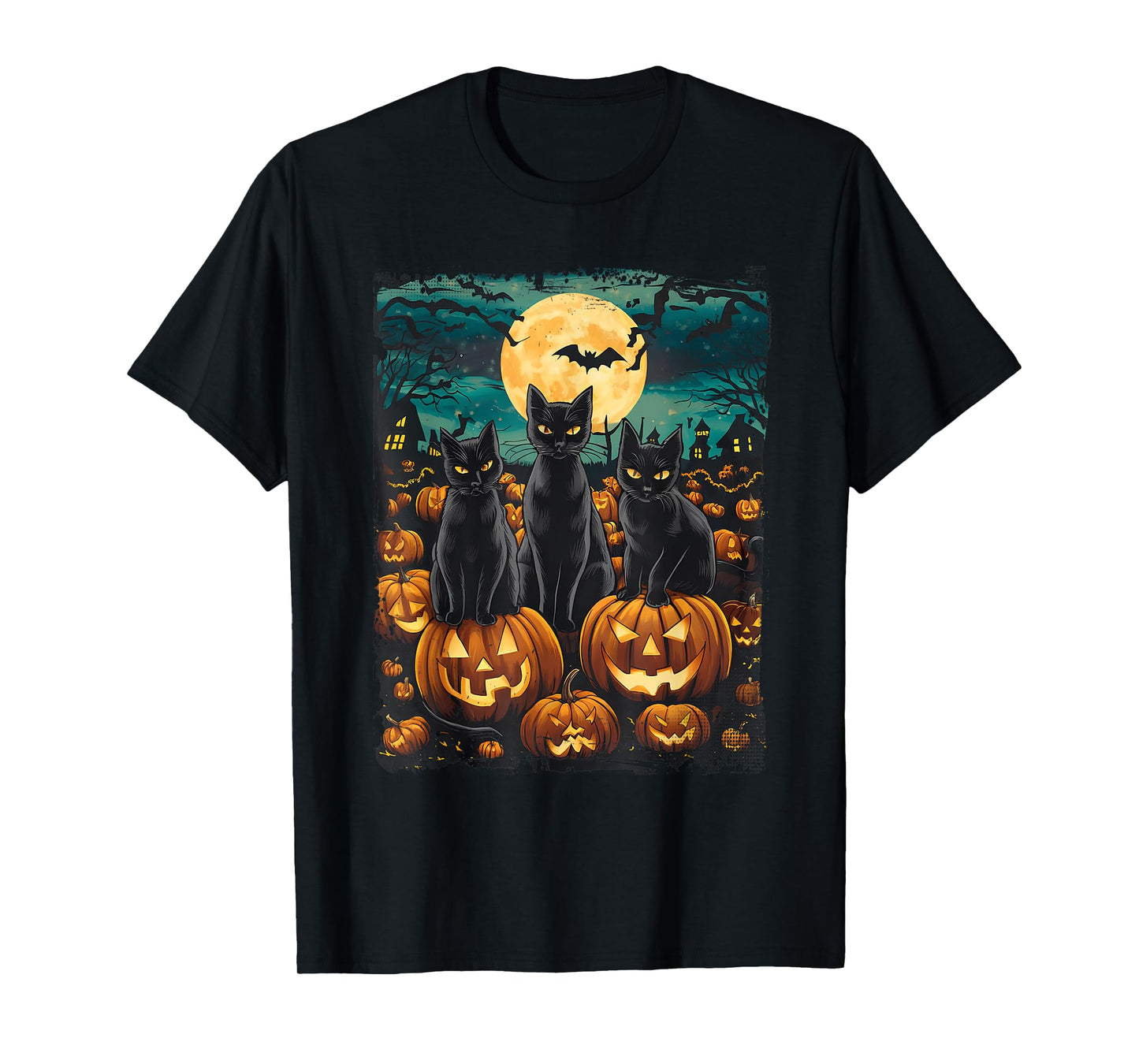 Black Cat Pumpkin Halloween Starry Night Cat Van Gogh Cat T-Shirt for Men Women Kids