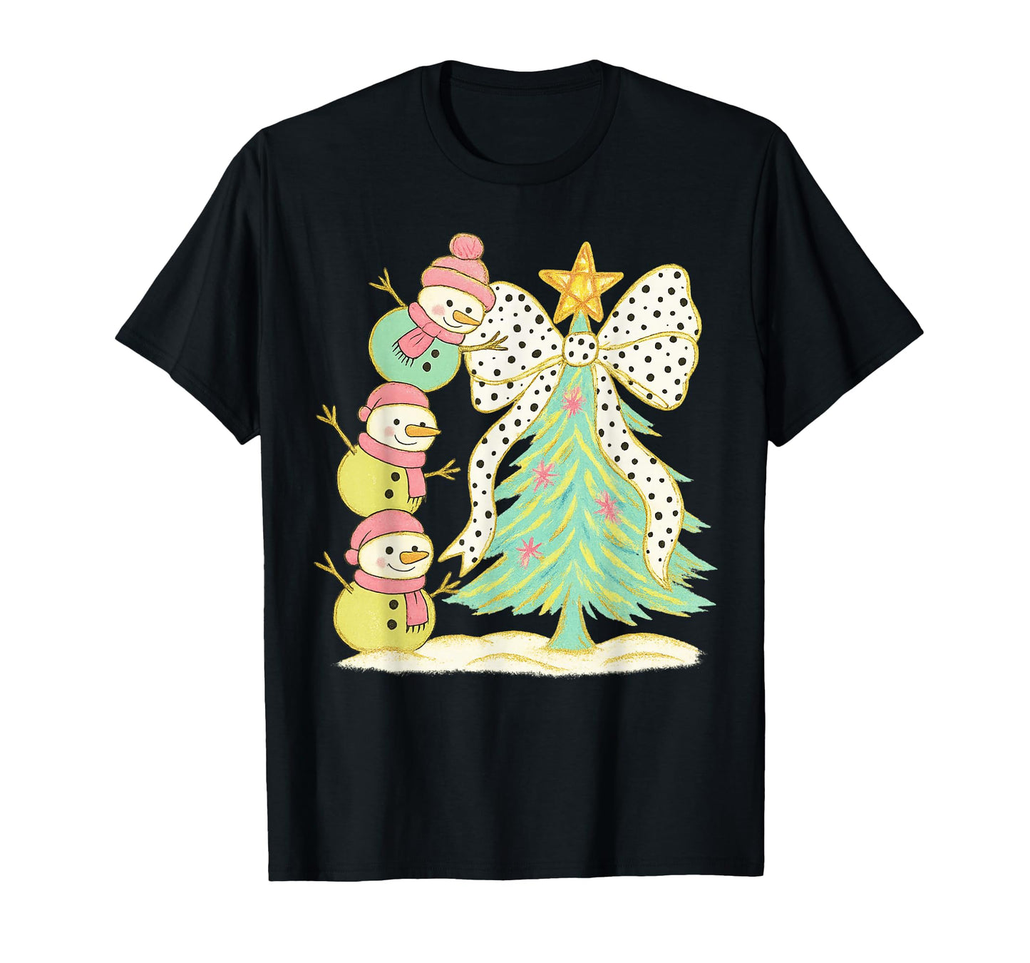Preppy Coquette Christmas Snowm 2025 Funny Family Matching T-Shirt