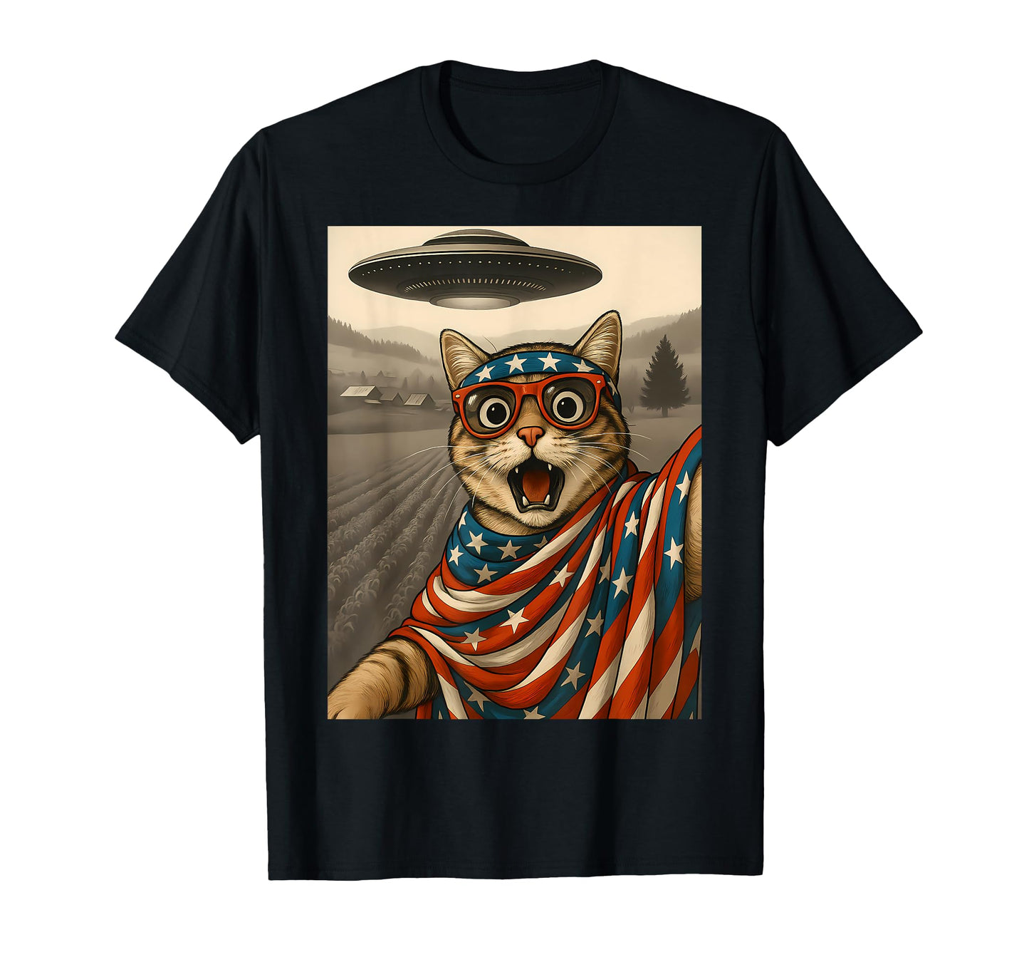 Cat Selfie With Alien UFO Funny 4th Of July Happy Patriotic Men Women Kids T-Shirt
