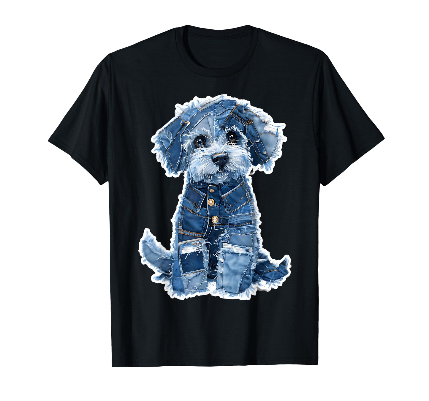 Retro Dog Pattern Denim Patchwork Graphic Art T-Shirt